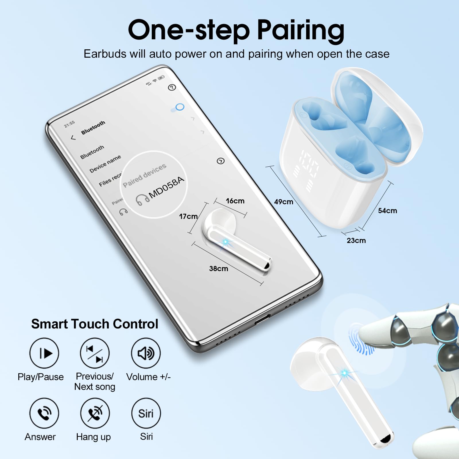 OYIB Wireless Earbuds Bluetooth 5.3 - HiFi Stereo Sound, ENC Noise Cancelling Mic, Touch Control, Type-C Charging, in-Ear Headphones (White/Blue) for Gym, Running, Workouts & Commuting
