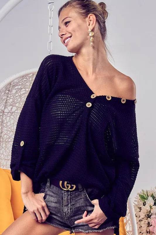 BiBi Popcorn Waffle Top with Buttoned Placket - Stylish Women's Casual Shirt for Work, Date Night & Everyday Wear