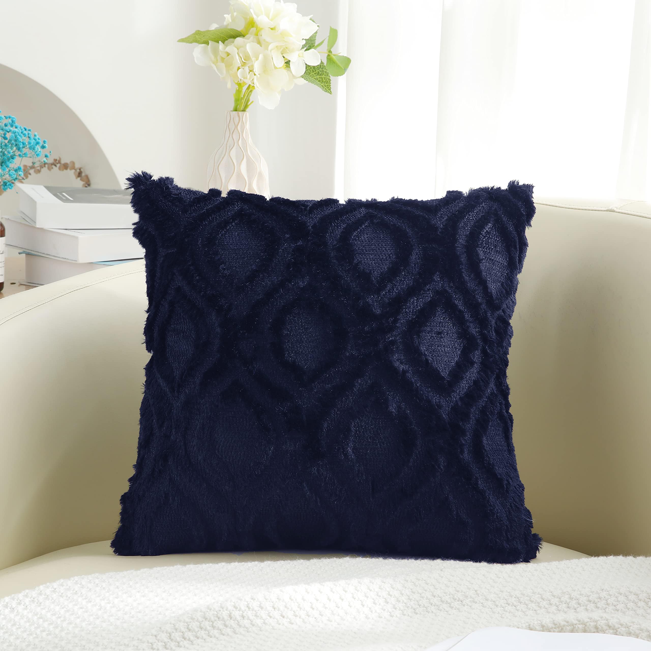Premium 20x20 Inch Navy Blue Faux Wool Throw Pillow Covers Set of 2 - Soft Plush Decorative Couch Pillow Cases for Sofa, Bed, Living Room - Home Decor Accent Pillows for Cozy Winter & Spring Home Styling