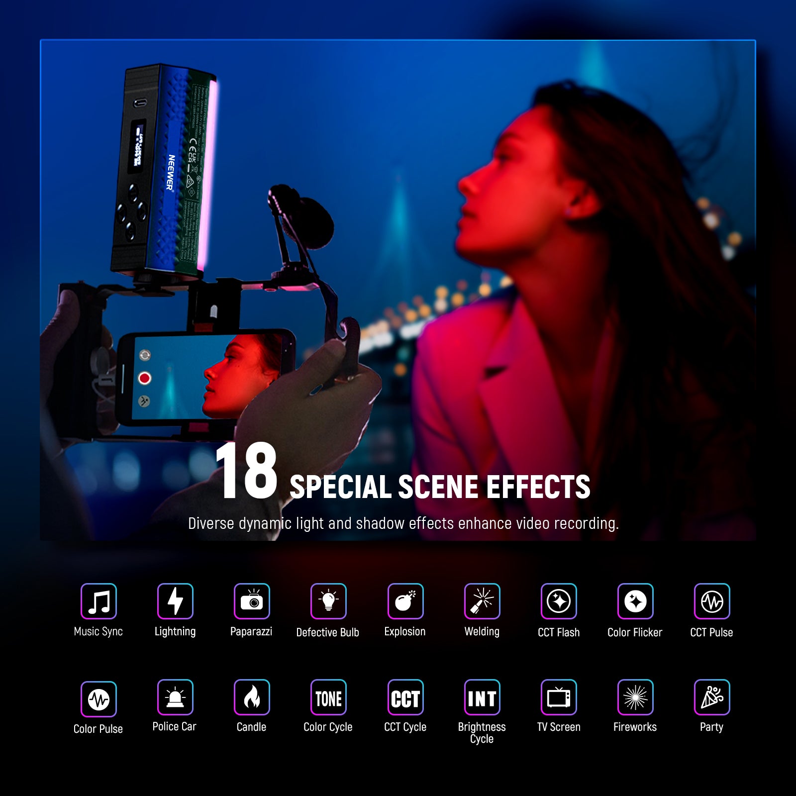 NEEWER TL98C Magnetic Handheld LED Light Wand - APP & DMX Control, RGBWW Color Changing Photography Lighting for YouTube Videos, TikTok Content Creation, Live Streaming, and Studio Photography