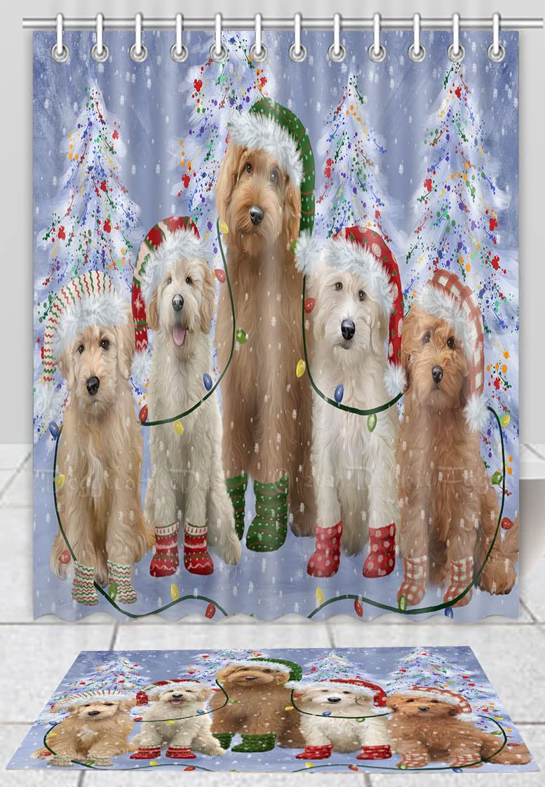 Christmas Lights & Goldendoodle Dog Shower Curtain Set with Anti-Slip Bath Mat - Waterproof Polyester Bathroom Decor (16''x28'' Rug + 72''x72'' Curtain with Hooks) - Perfect for Holiday Bathroom Decor & Pet Lover Gifts