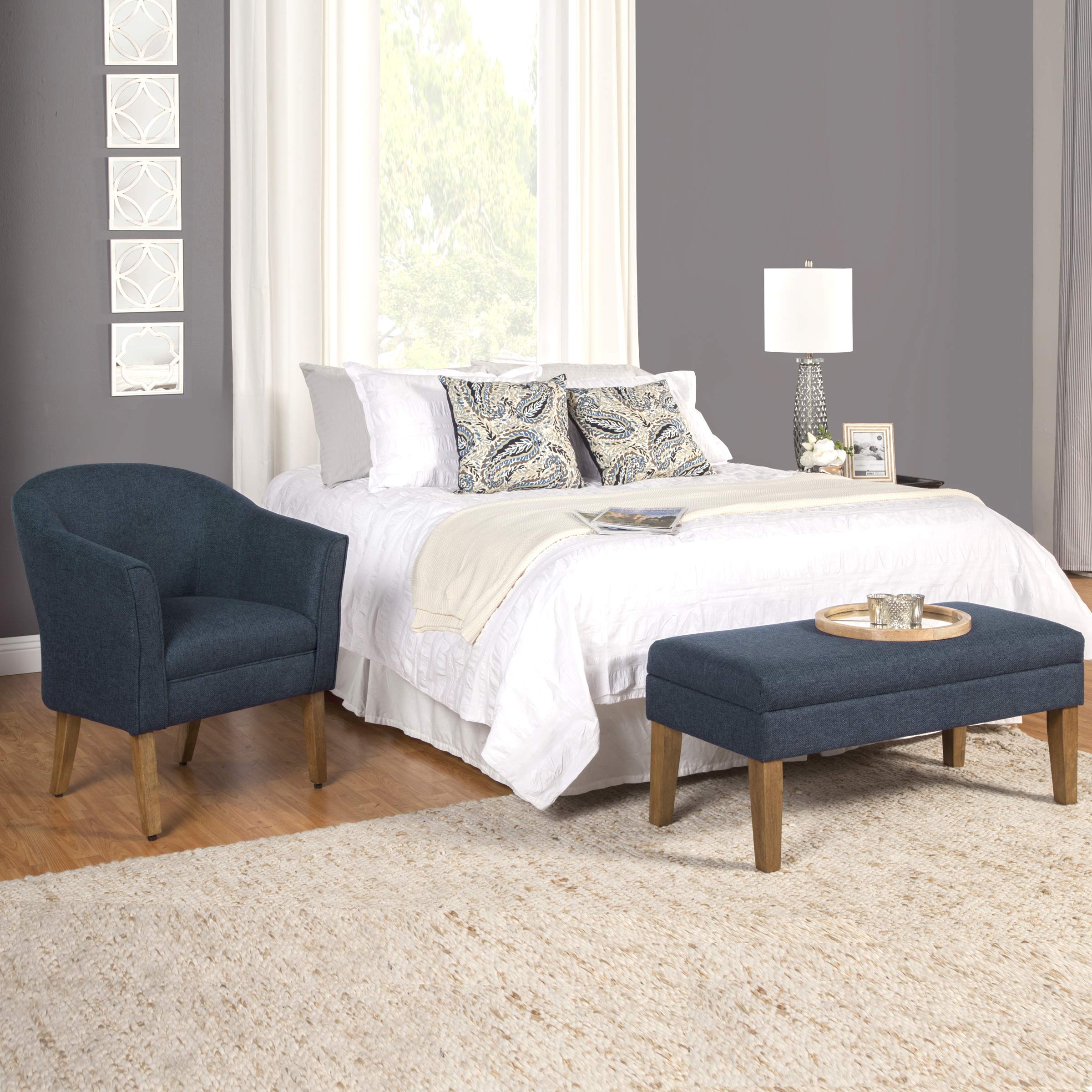 Homepop Upholstered Storage Ottoman Bench - Navy Woven Textured Decorative Furniture for Living Room & Bedroom | Multi-Functional Seat with Hidden Storage | Perfect for Extra Seating, Footrest & Home Organization