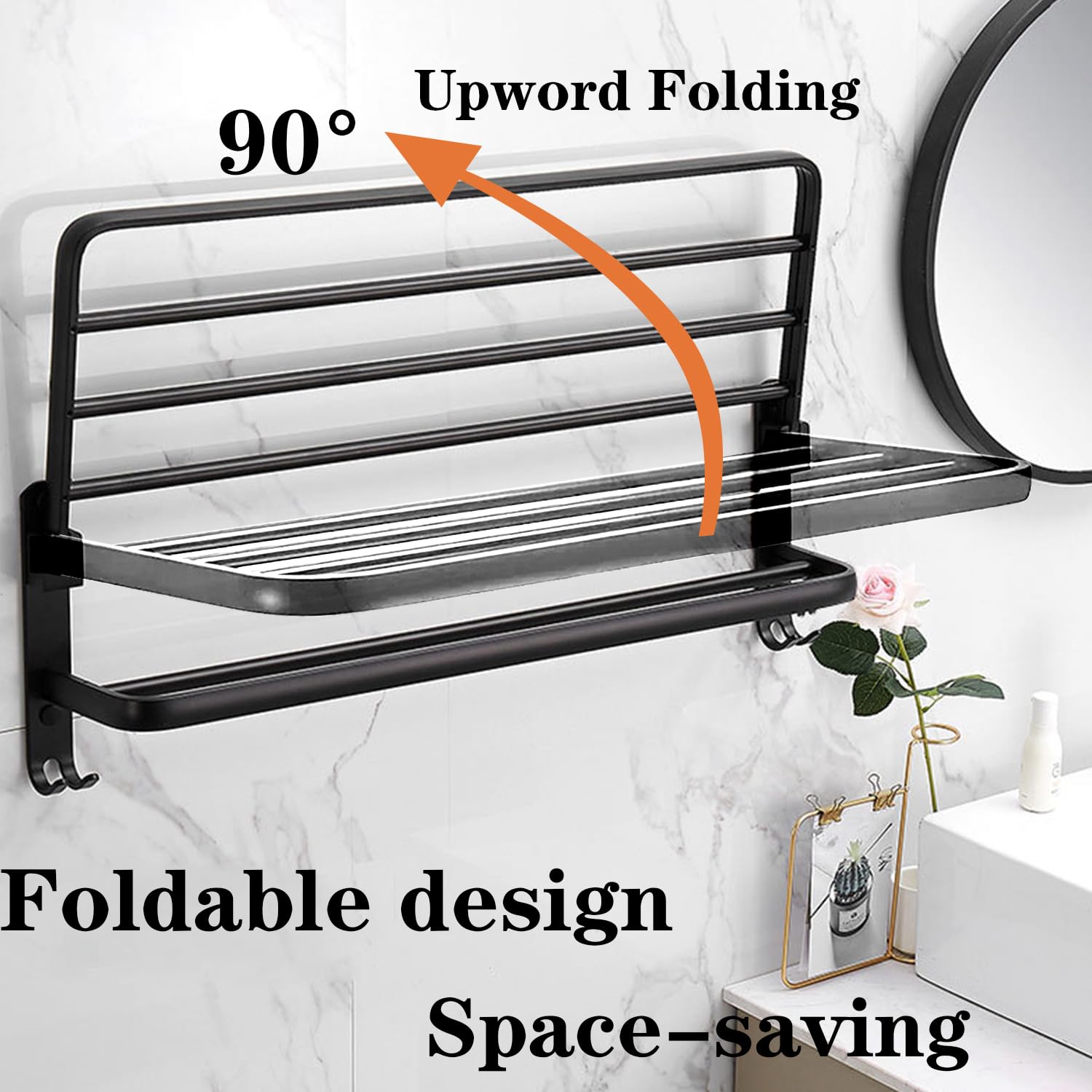 Stainless Steel Bathroom Towel Rack - Double Towel Bar & Foldable Shelf - Wall Mounted Rustproof Towel Organizer for Bathroom, Balcony, Laundry Room (16 Inch, Black) - Perfect for Small Spaces & Modern Home Decor