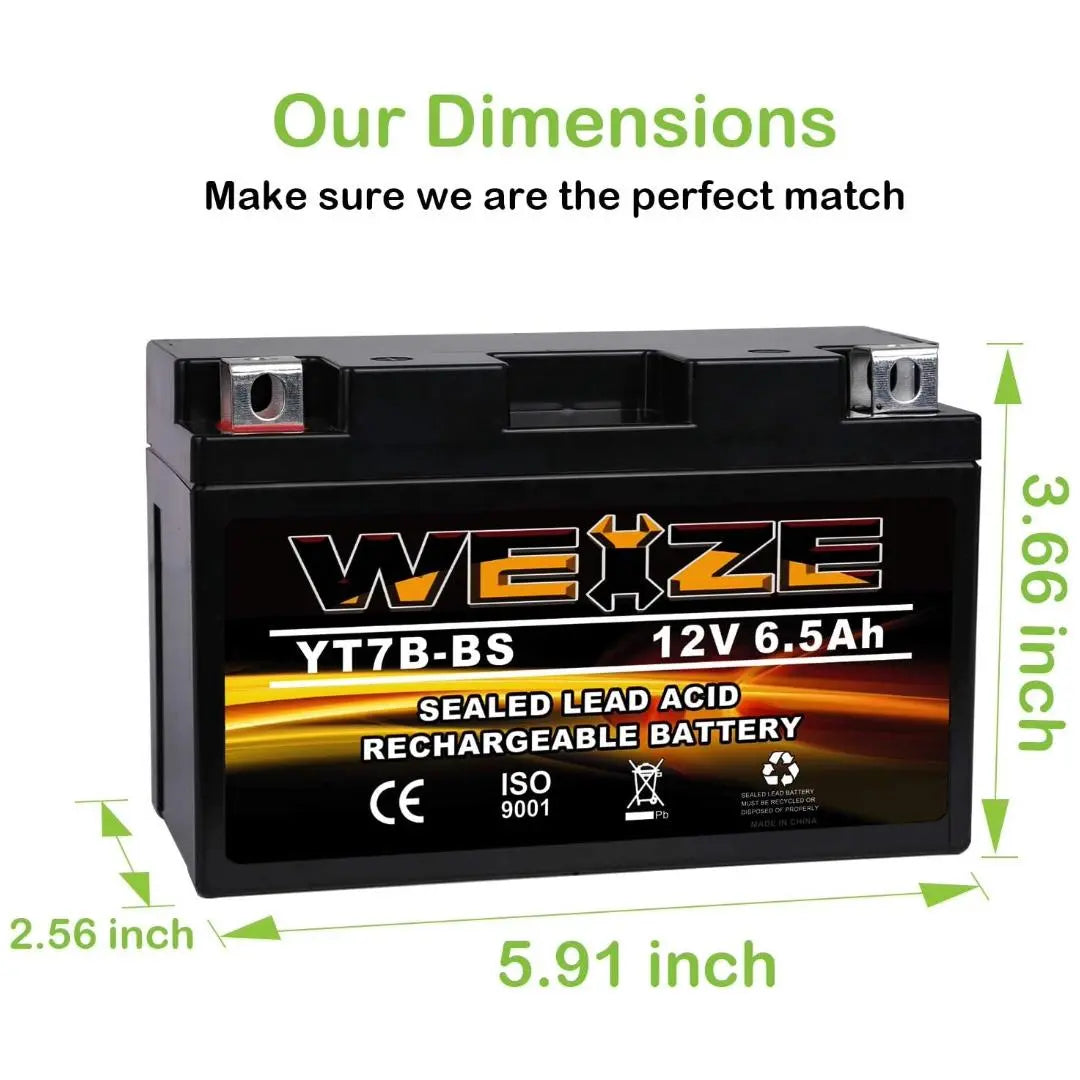 WEIZE YT7B-BS 12V 6.5Ah AGM Sealed Motorcycle Battery - Maintenance Free, High Performance Replacement for Yamaha ATV, Dirt Bike & Powersports - Perfect for Off-Road Adventures & Long Rides