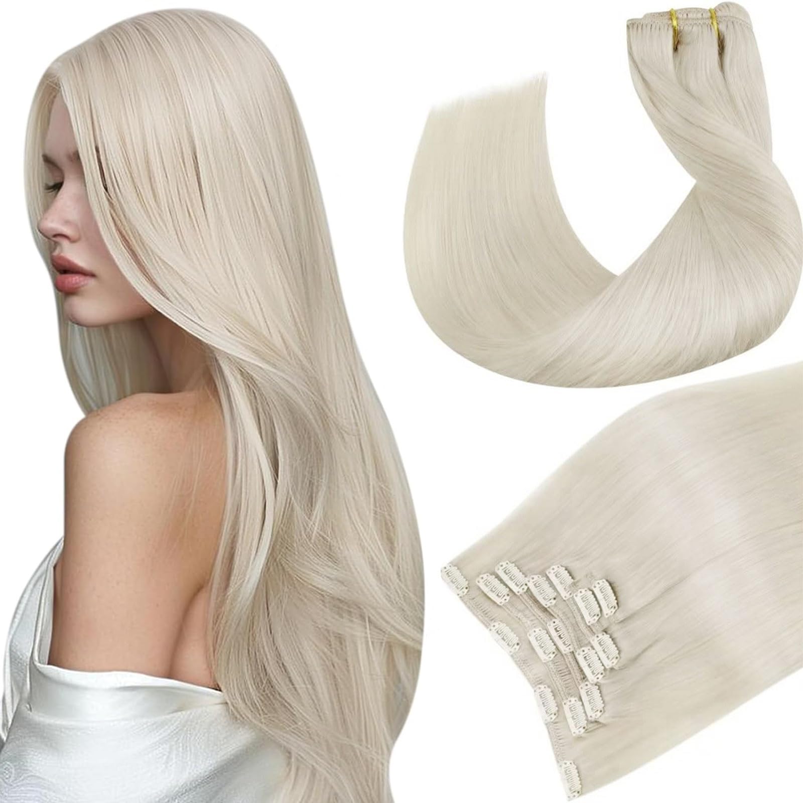 Hetto 18 Inch Platinum Blonde Human Hair Clip-In Extensions - 7pcs Double Weft #60 Real Human Hair (120g) for Volume & Length - Perfect for Parties, Weddings & Daily Styling