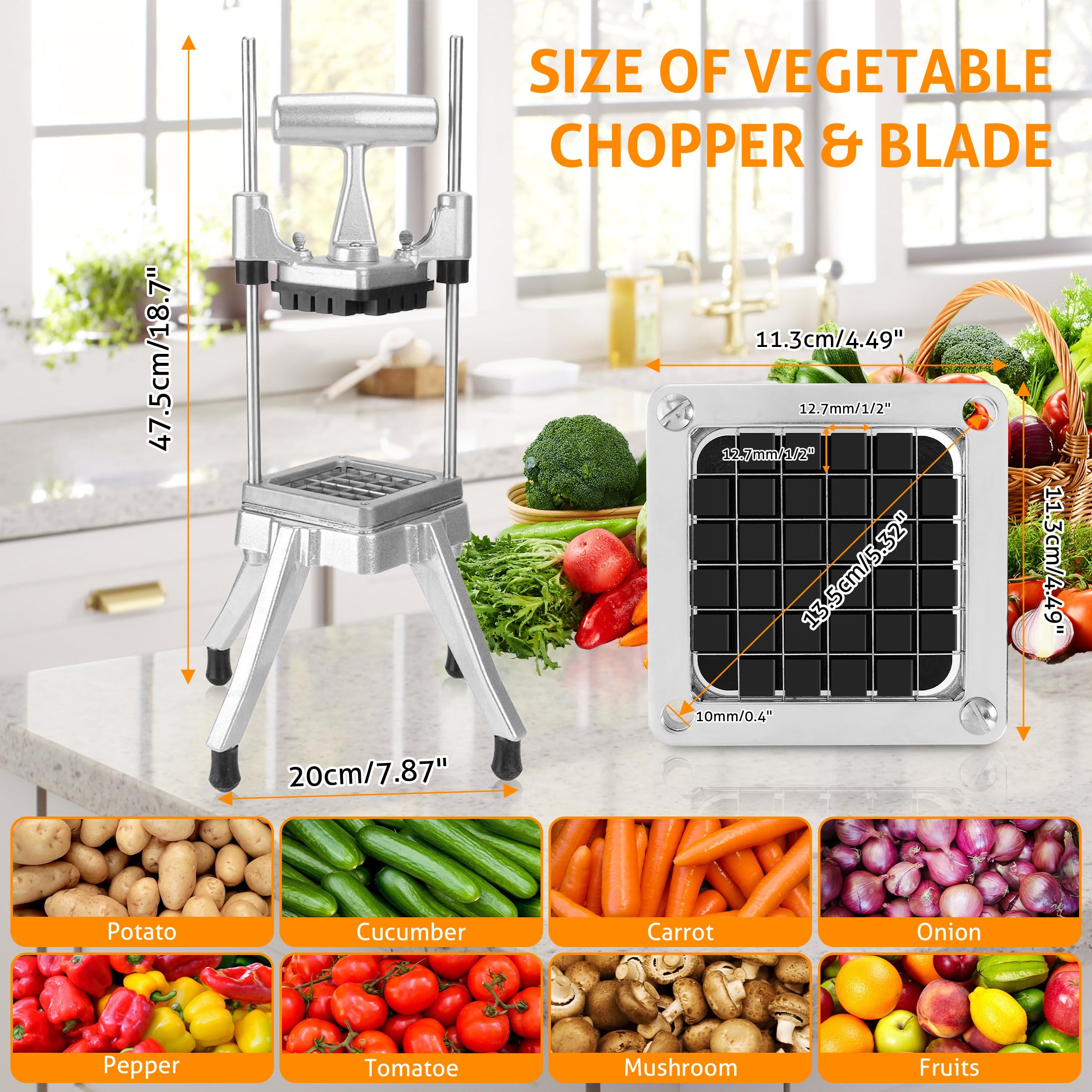 Commercial Stainless Steel Vegetable & Fruit Chopper Dicer - Heavy Duty Onion, Potato, Pepper & Mushroom Cutter with 1/2