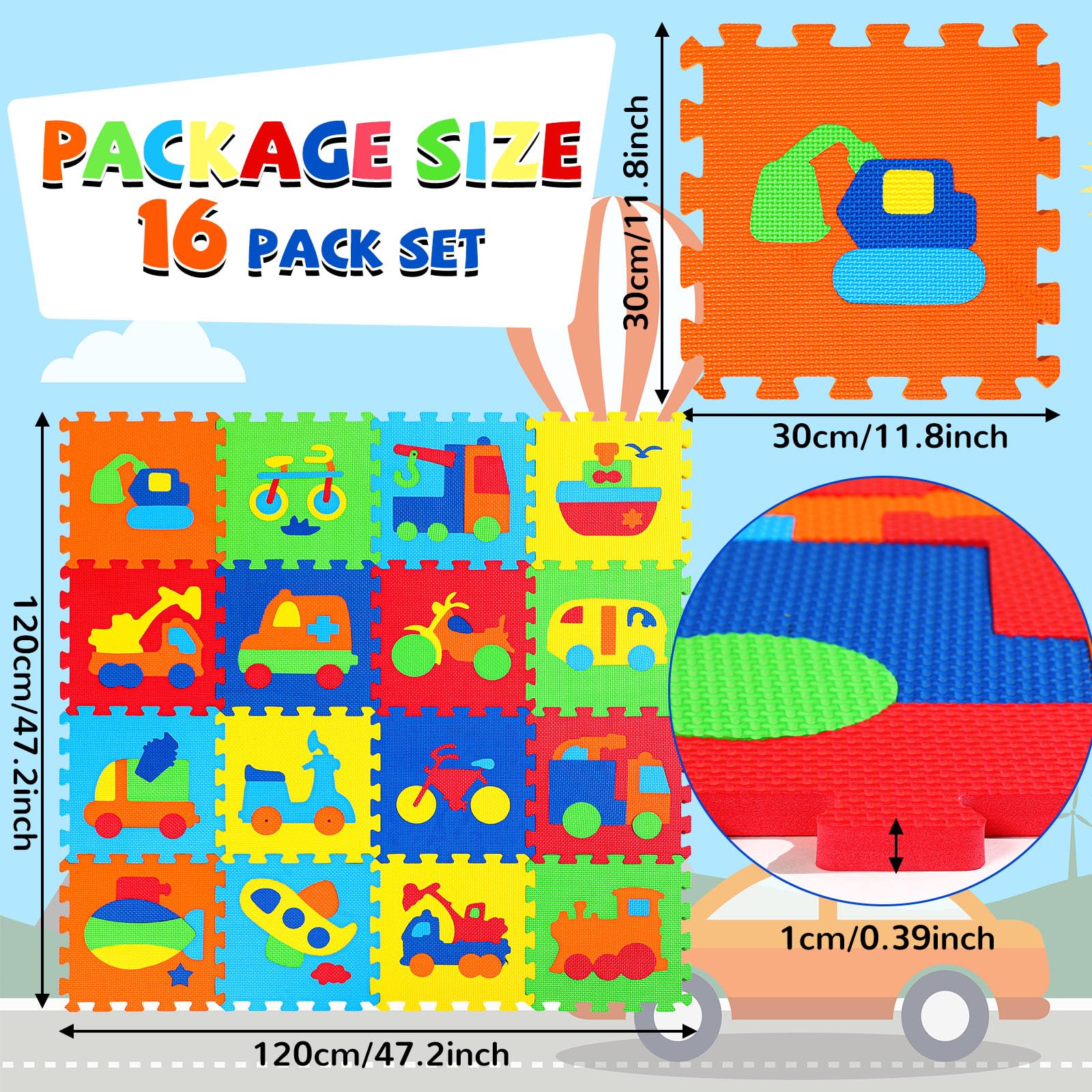 Mifoci 16-Piece Foam Puzzle Mat for Kids - Non-Slip Play Tiles with Vehicles for Home & School