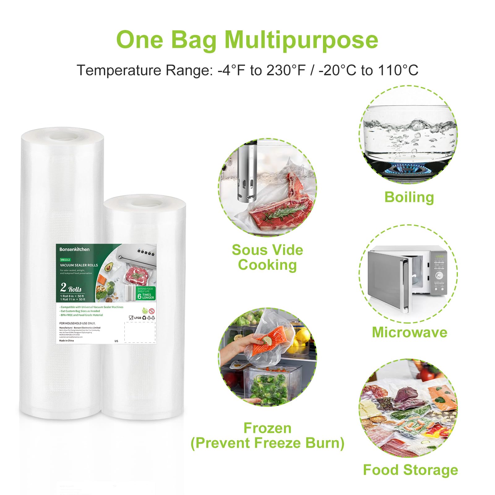 Bonsenkitchen BPA Free Vacuum Sealer Bags Rolls - 8