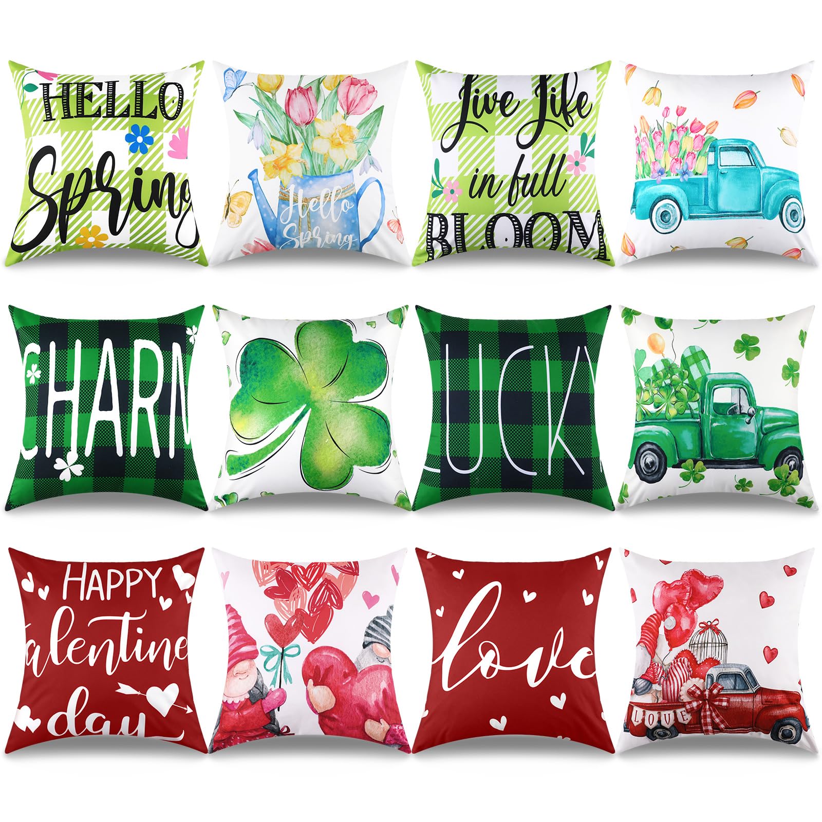 12 Pack St. Patrick's Day Shamrock Pillow Covers 18x18 Inch - Floral Heart & Lucky Clover Decorative Cushion Cases for Sofa, Bed, Home - Perfect for Spring, Valentine's & Holiday Decorations (St. Paddy's, Easter, Housewarming Gifts)