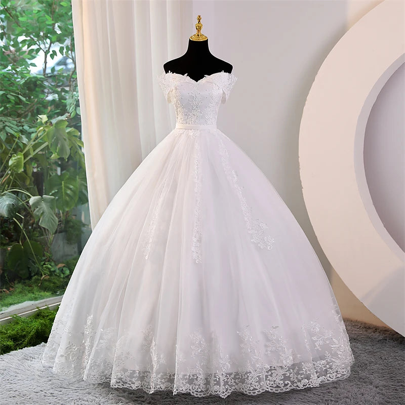 Elegant Plus Size Off Shoulder Wedding Dress with Appliques and Pearls - Perfect for Brides, Beach Weddings & Formal Occasions