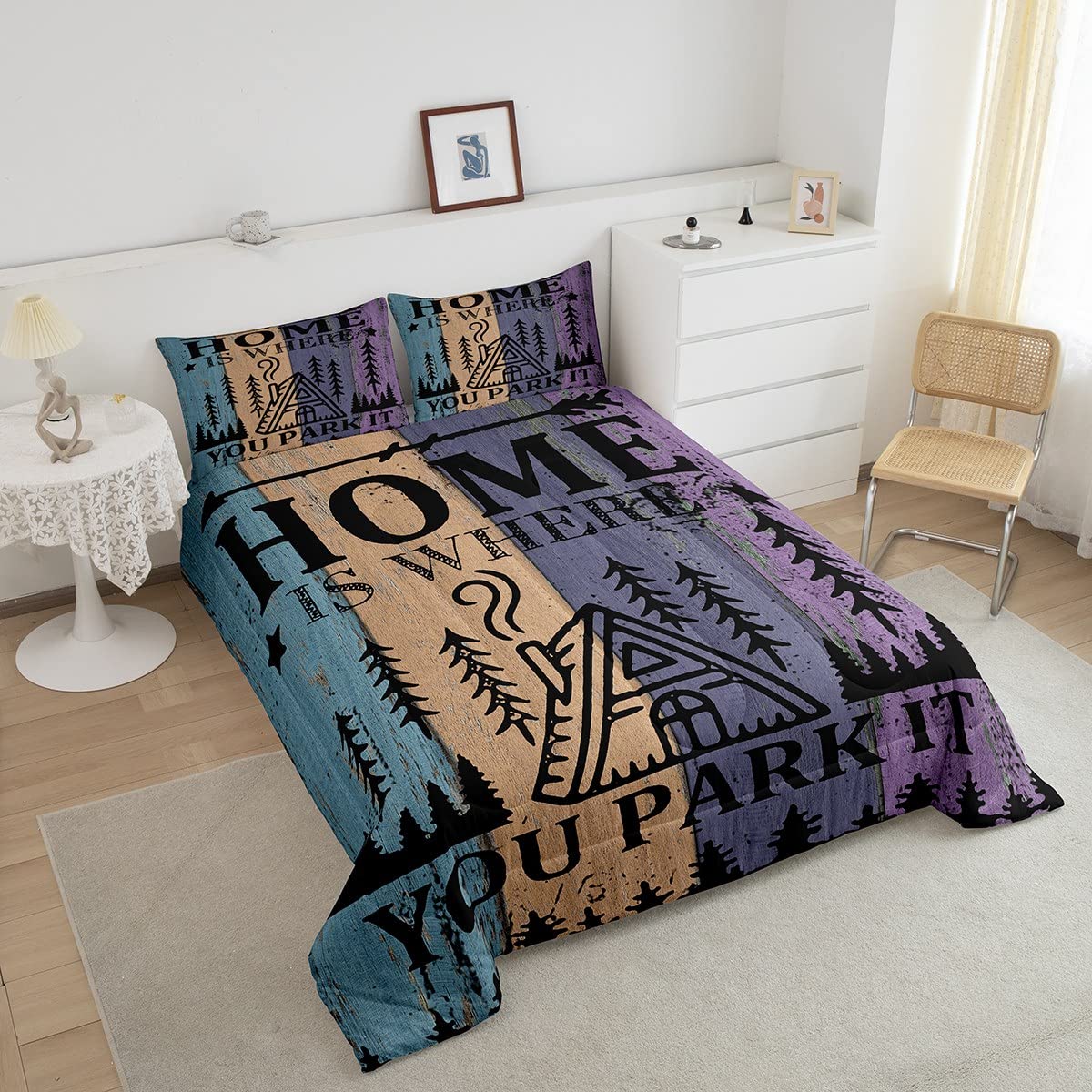 Kids Rustic Farmhouse Camper Comforter Set Twin Size - Funny 'Home Where We Park It' Quilt Set for Boys Bedroom Gift | Happy Camping Tent Explore Life Polyester Bedding with 1 Pillowcase & 2Pcs | Perfect for RV Themed Rooms, Sleepovers & Adventure-Loving Kids