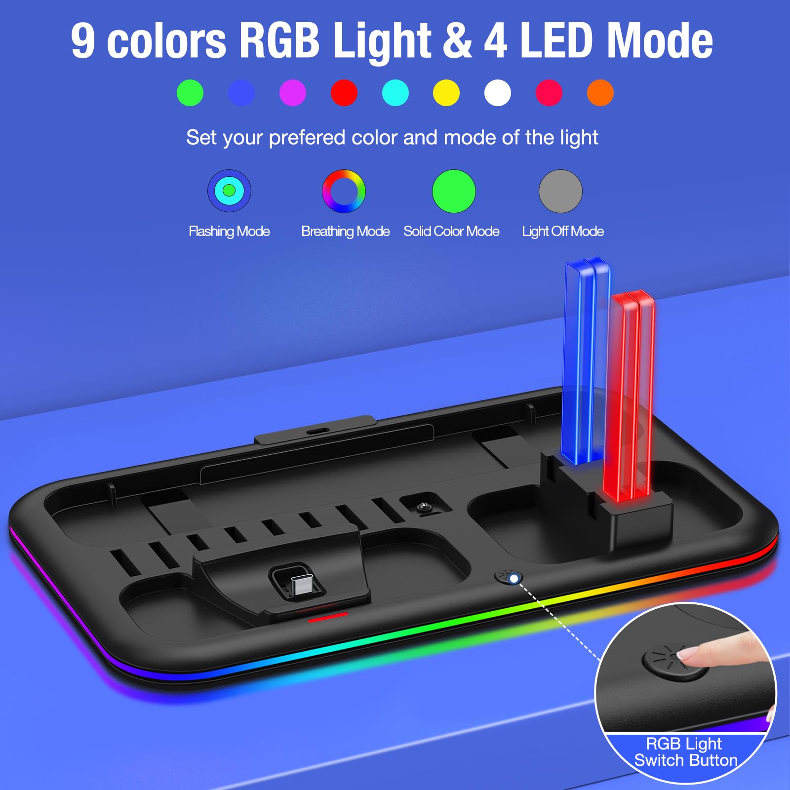 RGB Charging Dock for Nintendo Switch/Switch Lite/OLED - Fast Charging Stand with 8 Game Card Slots & Pro Controller/Joy-Con Holder | Perfect for Gaming Setup, Travel & Multiplayer Sessions
