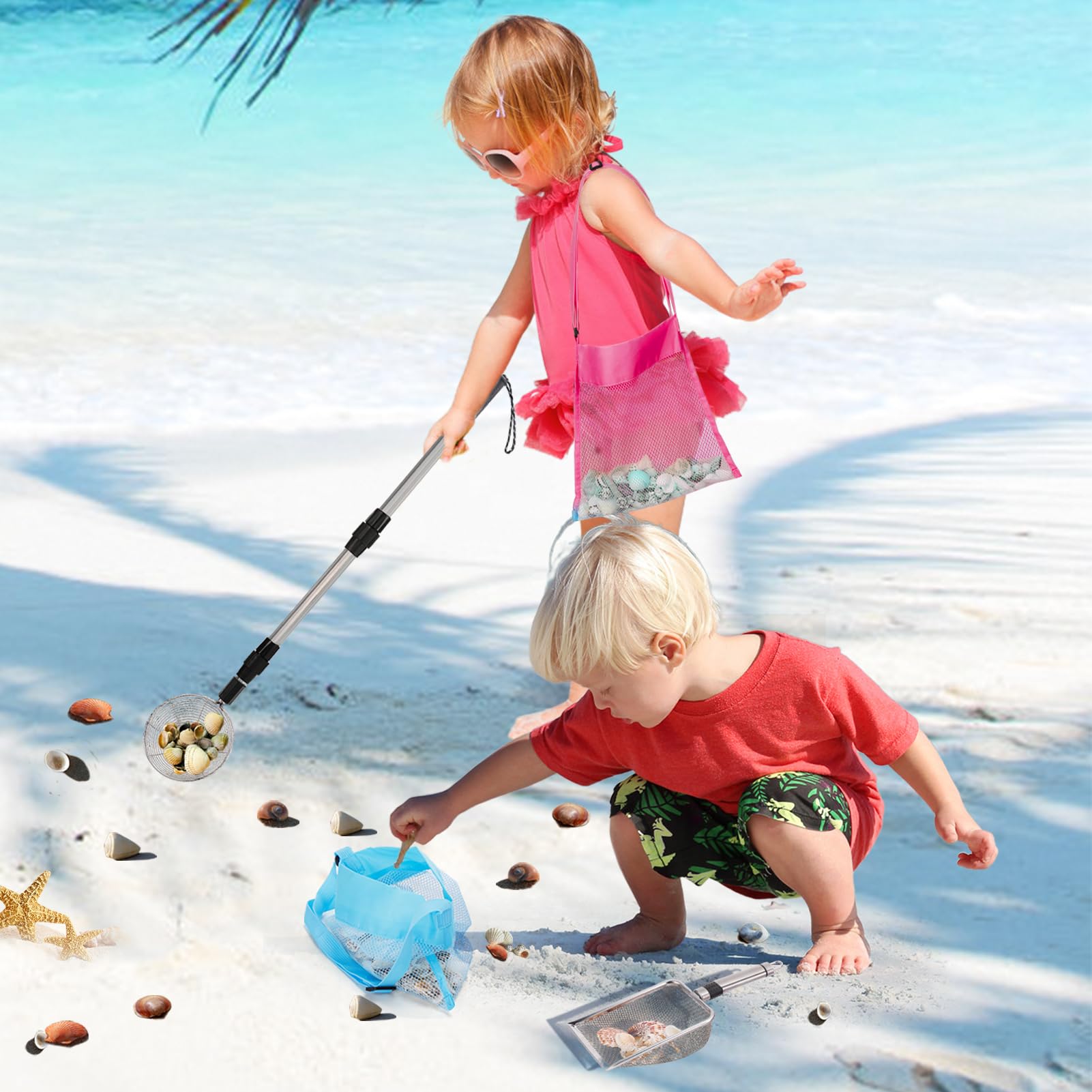 2 Pack Shark Tooth Sifter with Seashell Bags - Adjustable 21.8in to 34in Sand Sifter & Beach Shovel - Fun Beach Sand Toys for Kids & Adults - Perfect for Shell Hunting, Beachcombing & Outdoor Adventures
