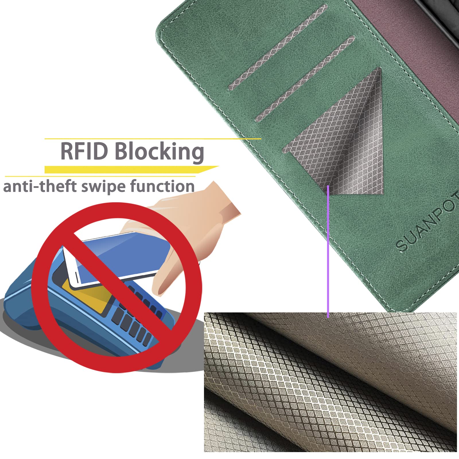 SUANPOT RFID Blocking Leather Wallet Case for Samsung Galaxy S22 - Flip Folio Book Cover with Credit Card Holder, Shockproof Protection for Women & Men (Sea Green) | Perfect for Business, Travel & Everyday Use