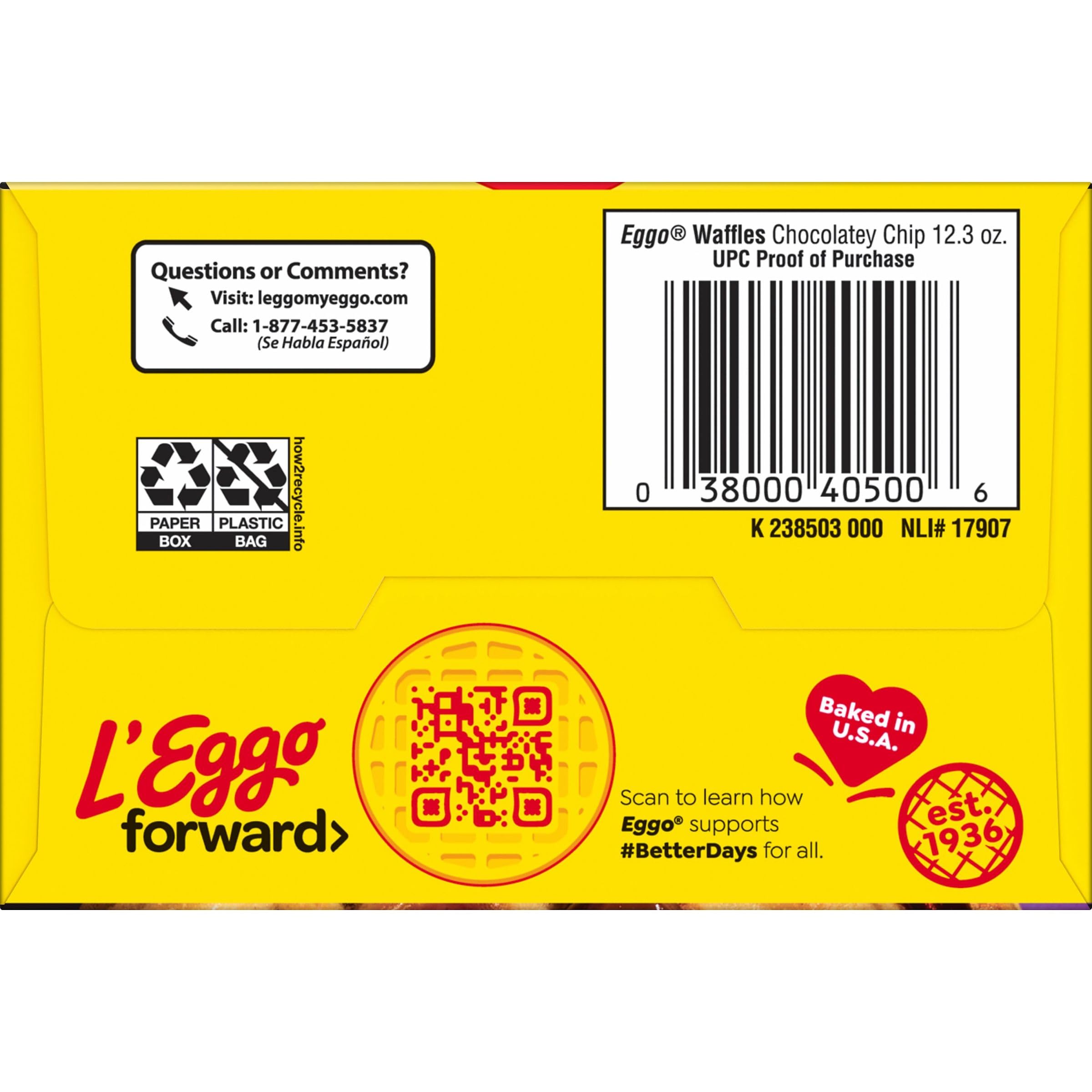 Eggo Frozen Waffles Chocolate Chip - 10 Count (12.3oz) | Quick Breakfast Food for Kids & Adults | Perfect for Busy Mornings, School Lunches & On-the-Go Snacks