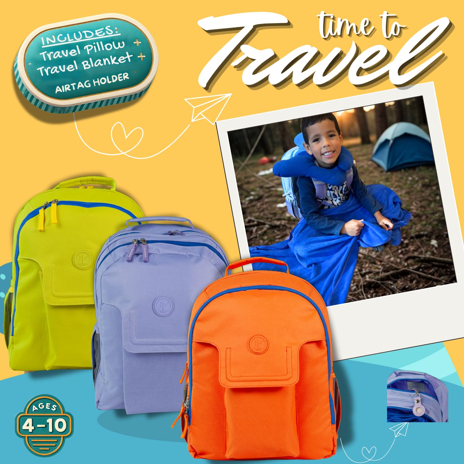 3pc Kids Travel Backpack Set with Blanket & Pillow - AirTag Holder Included - Toddler Road Trip Essentials for Ages 4-10 - Purple Backpack for Airplane, Car Rides & Sleepovers