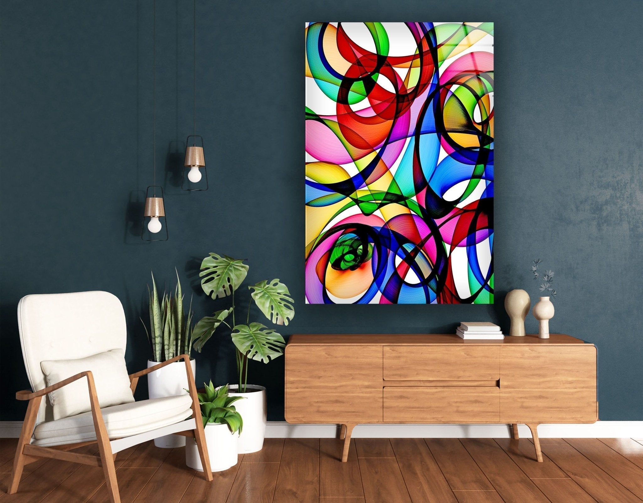 Abstract Circles Glass Wall Art - Modern Geometric Home Decor for Living Room, Bedroom & Office - Handmade Glass Wall Hangings for Stylish Interior Design