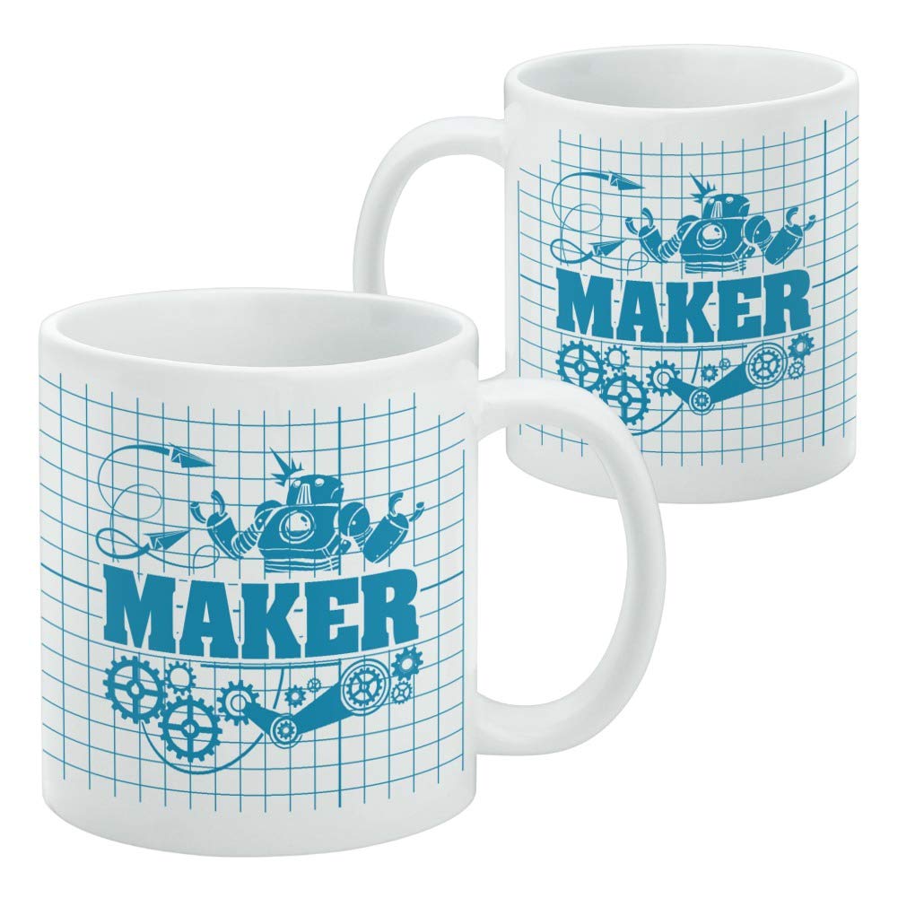 Robot and Gears Ceramic Coffee Mug - 11oz White Novelty Gift for Coffee, Tea & Hot Drinks - Perfect for Office Use, Engineer Gifts & STEM Enthusiasts