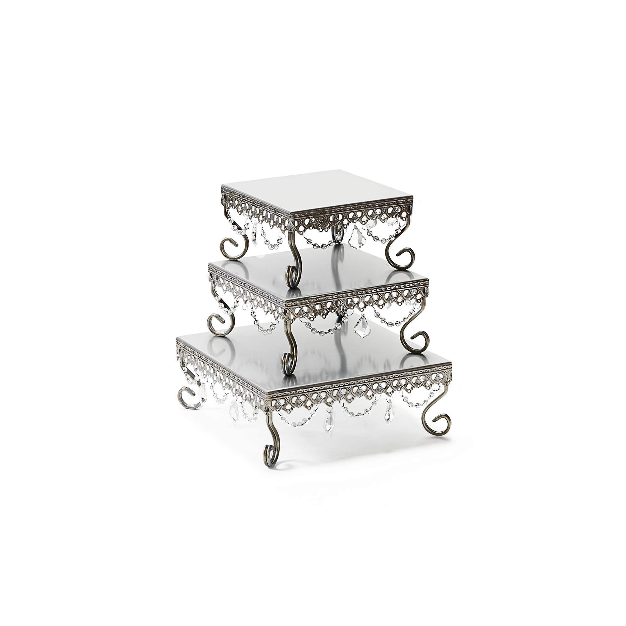Opulent Treasures 3-Piece Antique Silver Square Chandelier Cake Stand Set - Elegant Dessert Display Plates & Appetizer Serving Trays for Weddings, Tea Parties & Luxury Dining Decor