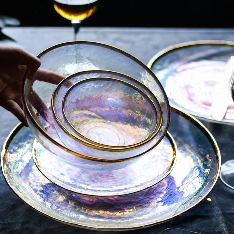 Aurora Gold Edge Glass Plate & Bowl Set - Elegant Dinnerware for Special Occasions, Perfect for Weddings, Parties, and Fine Dining