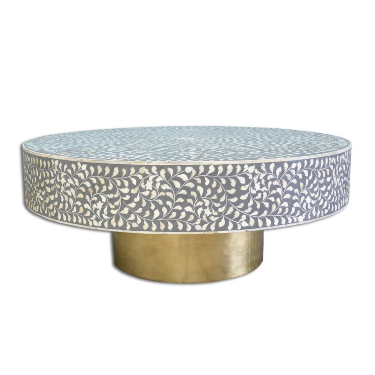 Handmade Bone Inlay Floral Design Round Coffee Table - Grey Wooden Living Room Furniture for Home Decor, Modern Boho Style Centerpiece for Lounge, Bedroom or Office