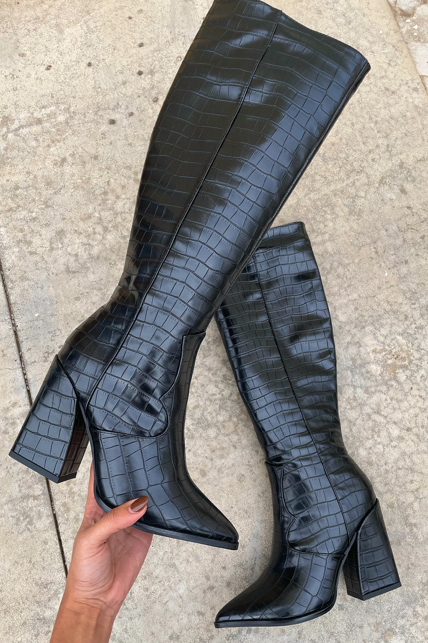 Edora Knee High Boots for Women - Black Crocodile Embossed Leather, Chunky Heel, Comfortable & Stylish - Perfect for Winter, Fall, Office Wear & Night Out