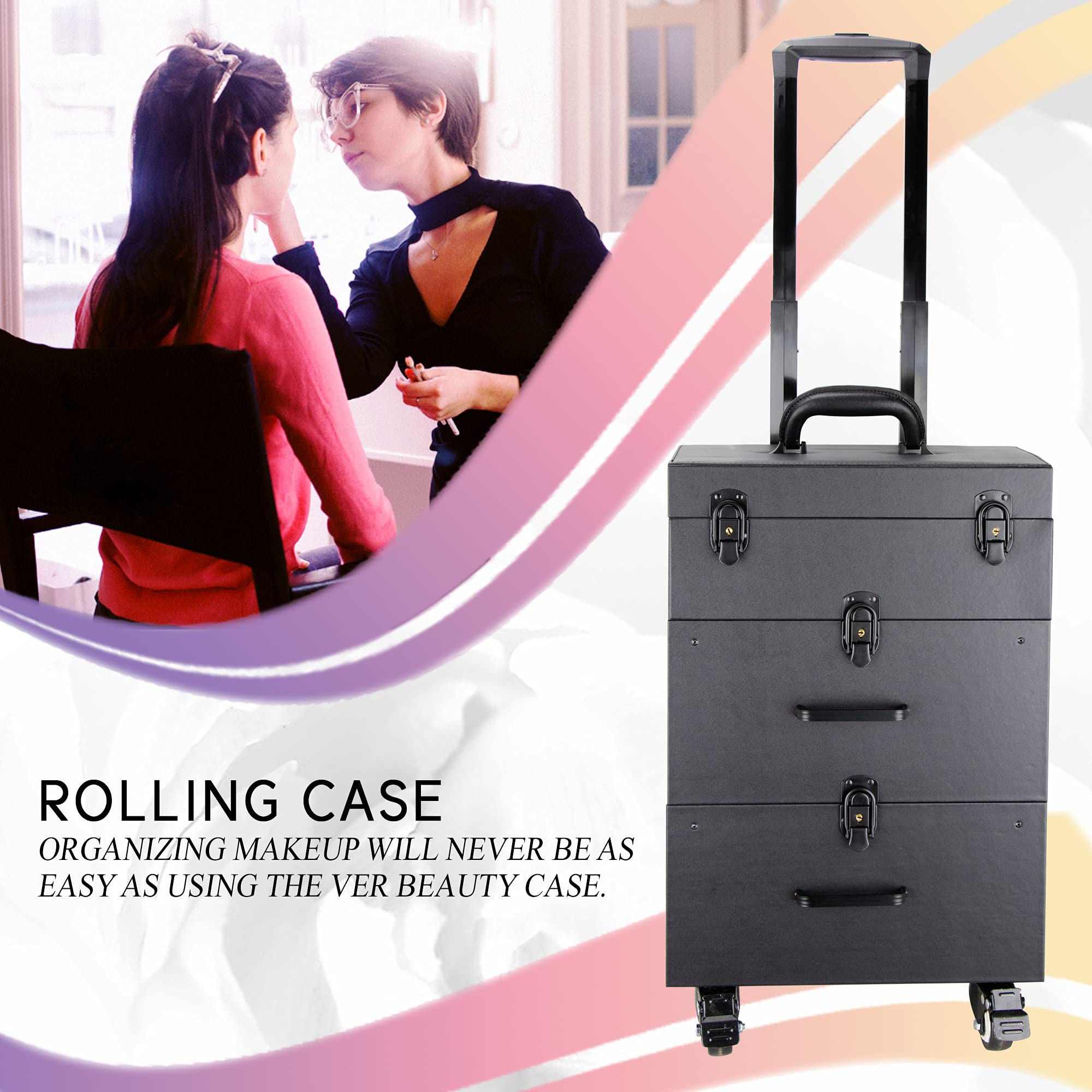 Ver Beauty Rolling Makeup Trolley Case - 360° Swivel Wheels Professional Cosmetic Organizer for Salon, Hair Stylist & Nail Artists - Faux Leather Black | Perfect for Mobile Beauty Services & Salon Organization