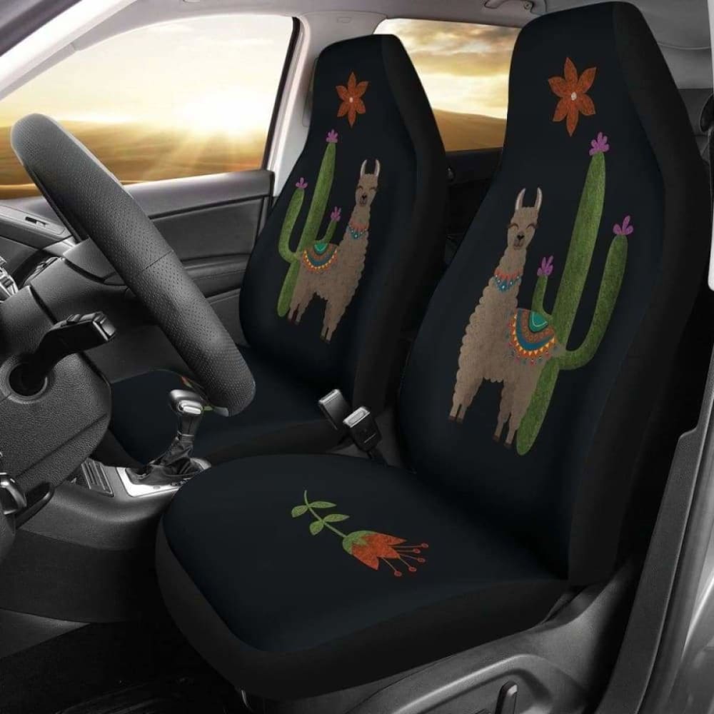 Brown Llama Car Seat Covers - Chalky Style Cactus & Flower Print on Black Fabric - Universal Fit for Cars, Trucks & SUVs - Soft & Durable Material for Comfort & Protection (105905) - Perfect for Road Trips, Daily Commutes & Pet Owners