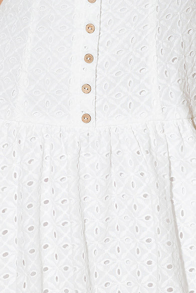AT FIRST GLANCE White Eyelet Mini Dress - Flowy Summer Dress for Beach, Party & Date Night