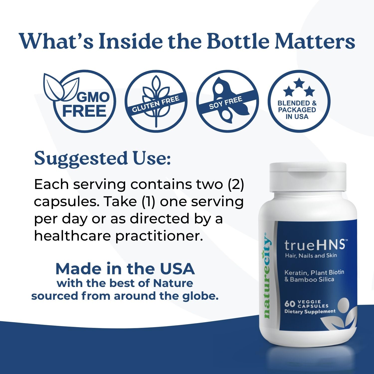 NatureCity True-HNS Hair, Nails & Skin Supplement with Cynatine Keratin & Plant-Based Biotin | Non-GMO Vegan Capsules for Fuller, Stronger Hair & Nails | 60 Veggie Capsules | Perfect for Daily Beauty Routine & Hair Growth Support
