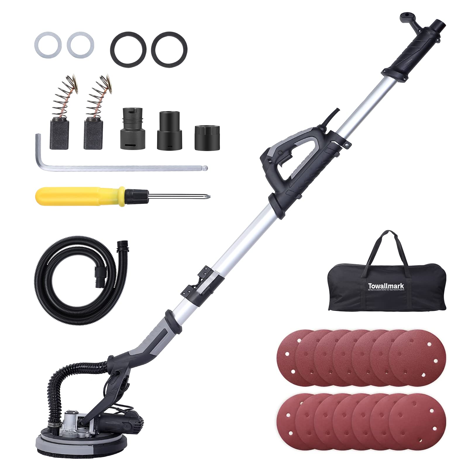 750W Electric Drywall Sander with LED Light - 7 Variable Speed (900-1800 RPM), 14 Sanding Discs, Extendable Handle & Dust Hose - Perfect for Home Renovation, Wall Smoothing & DIY Projects