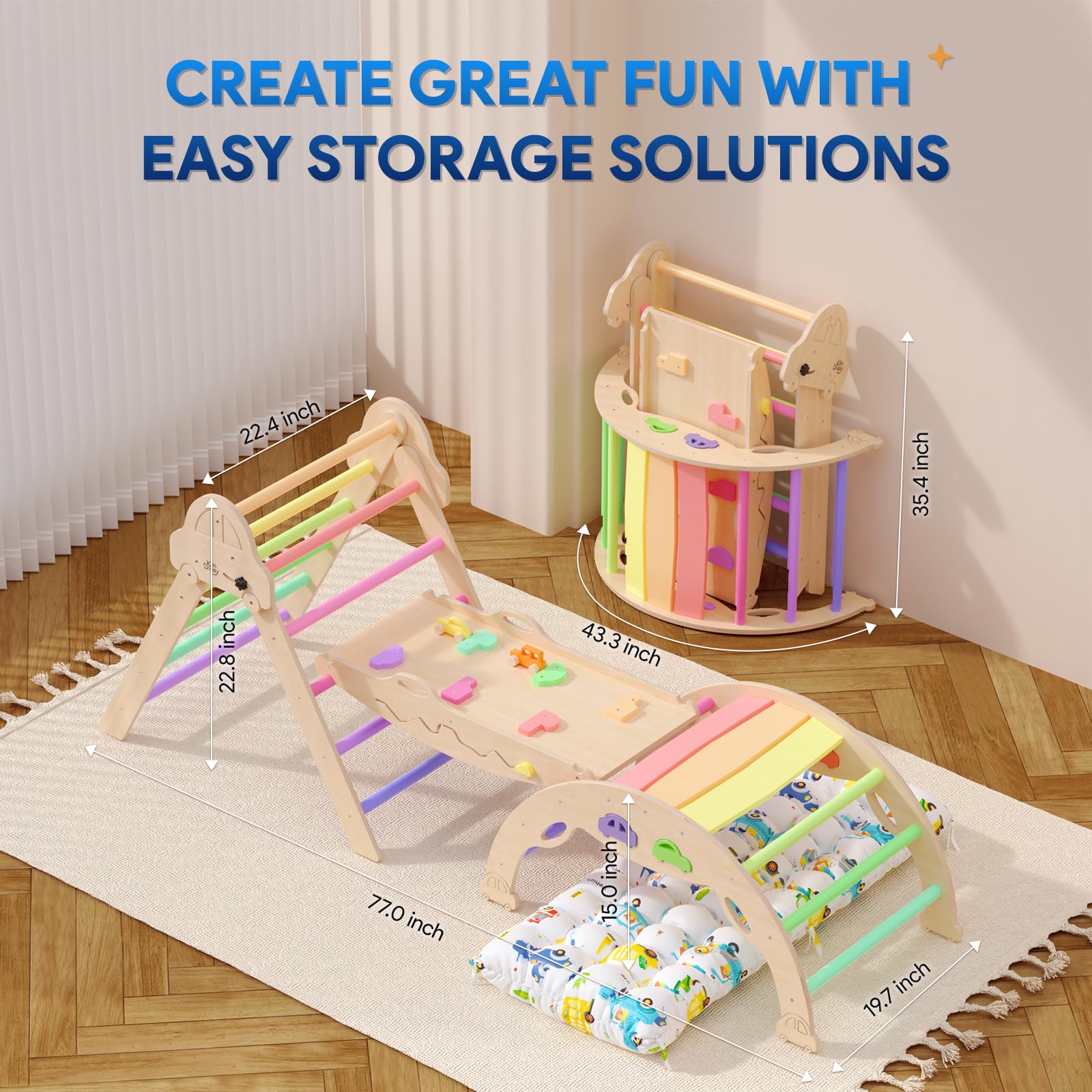 Foldable Pikler Triangle Set with Cushion - 9-in-1 Montessori Climbing Toys for Toddlers 1-3 Years | Indoor Wooden Play Gym with Maze, Shape Sorter & Car Toys | Perfect for Home Playrooms, Daycares & Montessori Learning Spaces