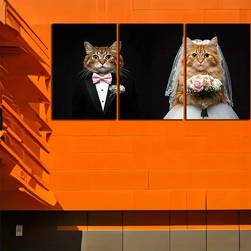 3pcs Two Cats Wearing Wedding Dresses Wall Art Set - 50x70cm Framed Canvas Prints | High Quality Australian Made | Perfect for Bedroom, Living Room & Wedding Decor