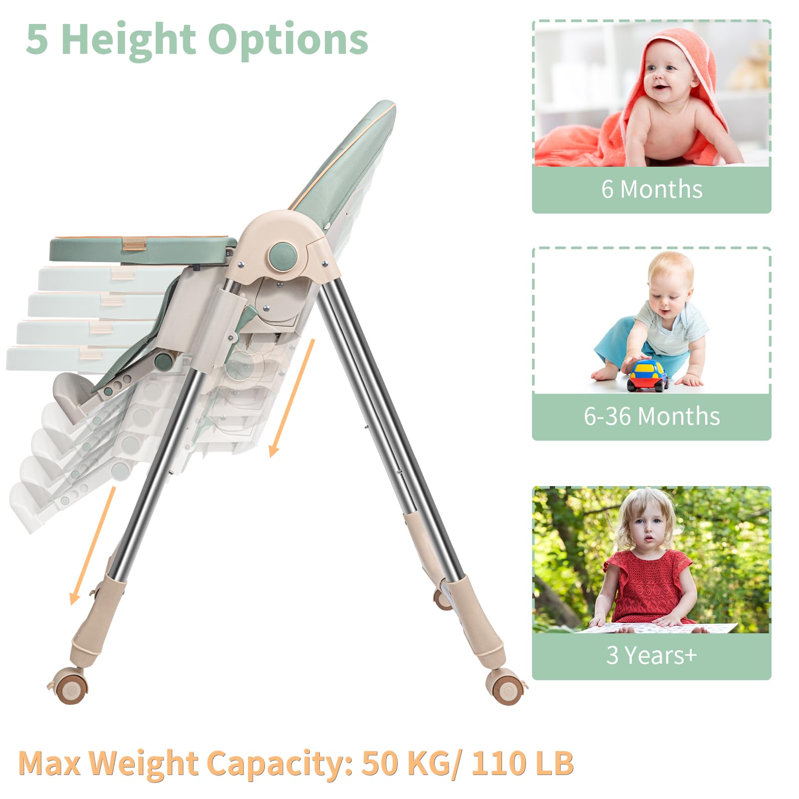 **Adjustable Baby High Chair for Infants & Toddlers - Foldable, 4-Wheel Design with Double Removable Trays - Supports Up to 50KG - Perfect for Feeding, Playtime & Dining**