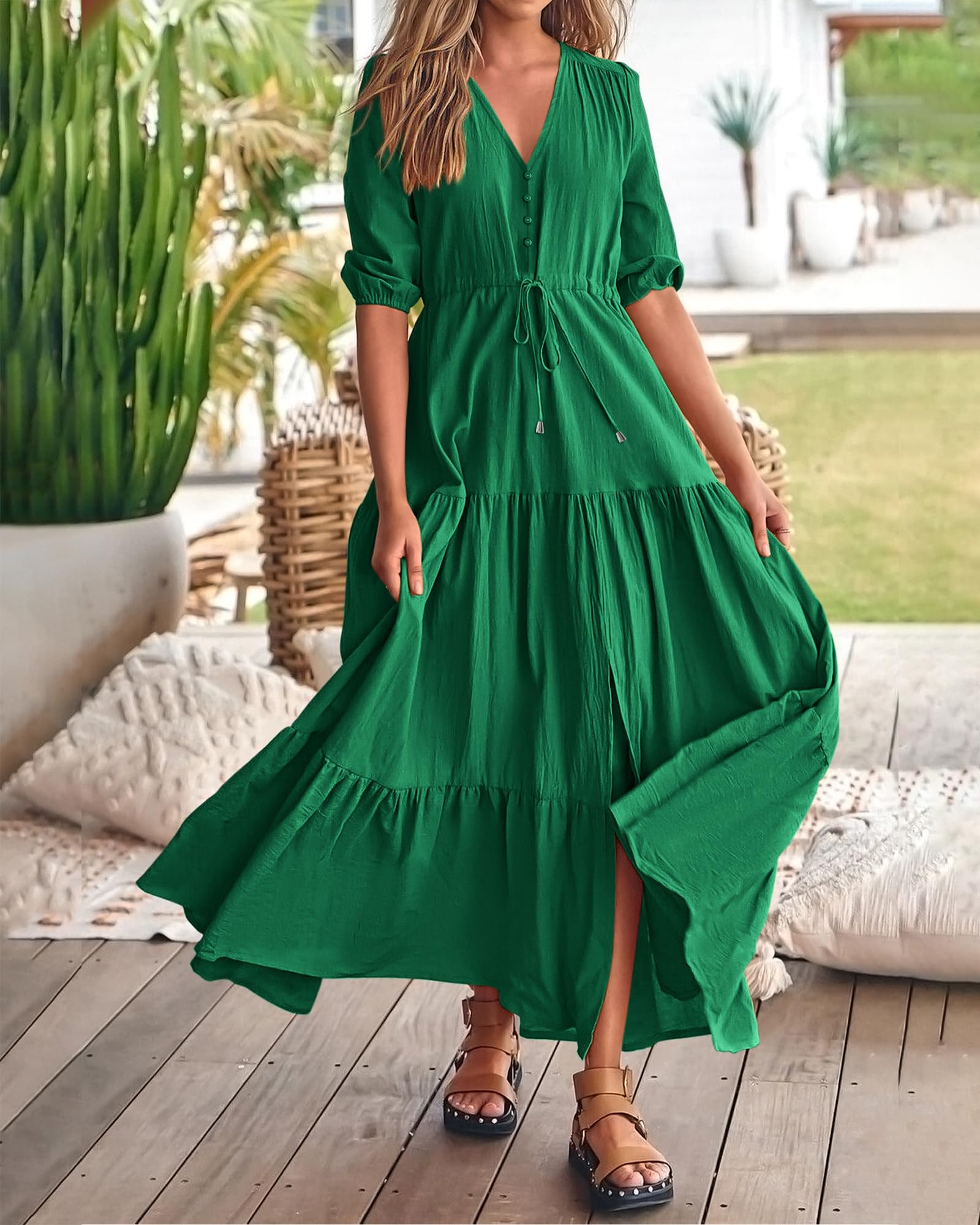 BTFBM Women's Summer Maxi Dress - Short Sleeve V-Neck Button Front Boho Long Dress with Drawstring Waist in Solid Colors | Beach Vacation, Casual Outing, Date Night Outfit