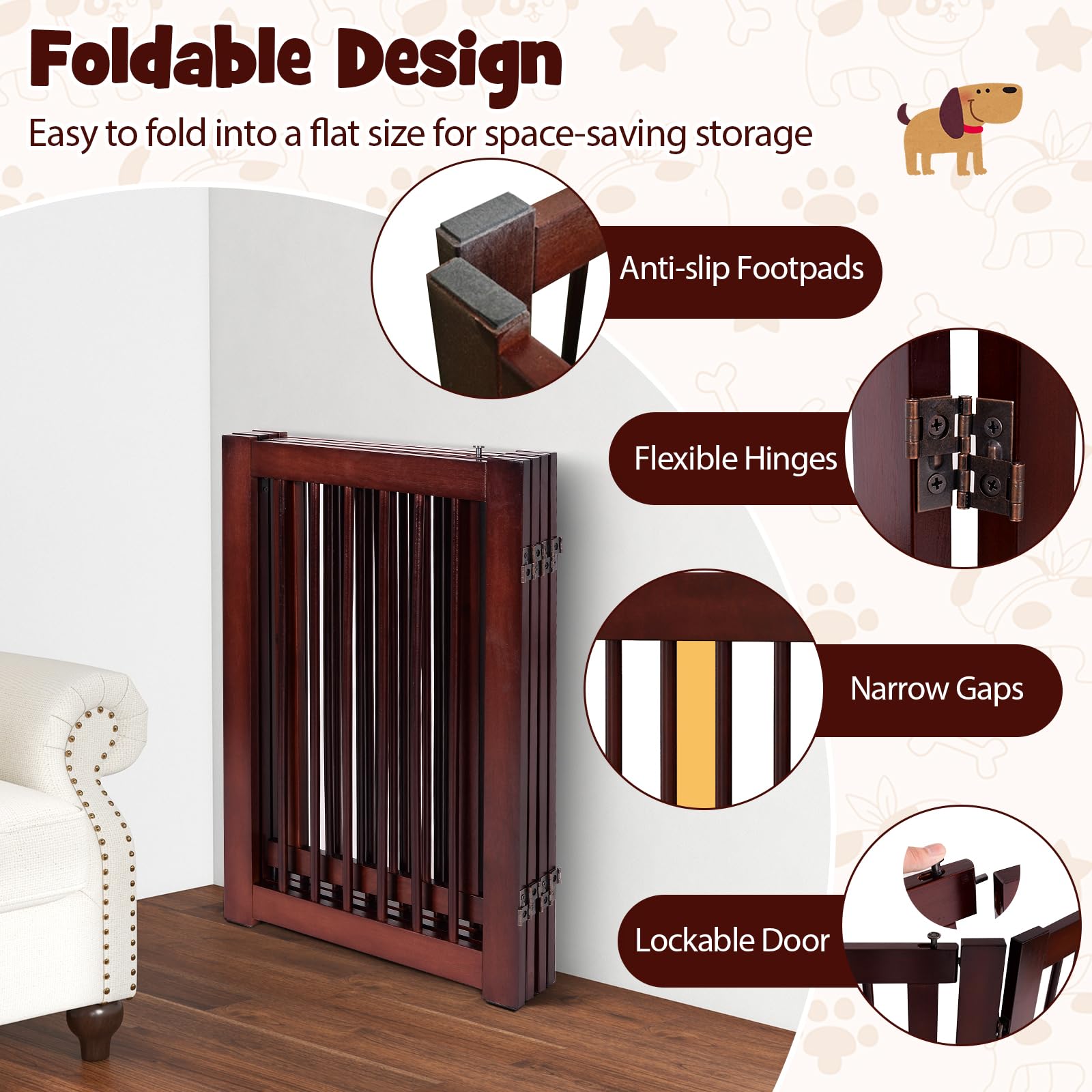 Giantex 30'' Adjustable Freestanding Pet Gate with Door - Extra Wide Wooden Dog Fence for Doorways, Stairs & Hallways - Foldable Panels for Easy Storage & Portability - Perfect for Large Dogs & Home Safety