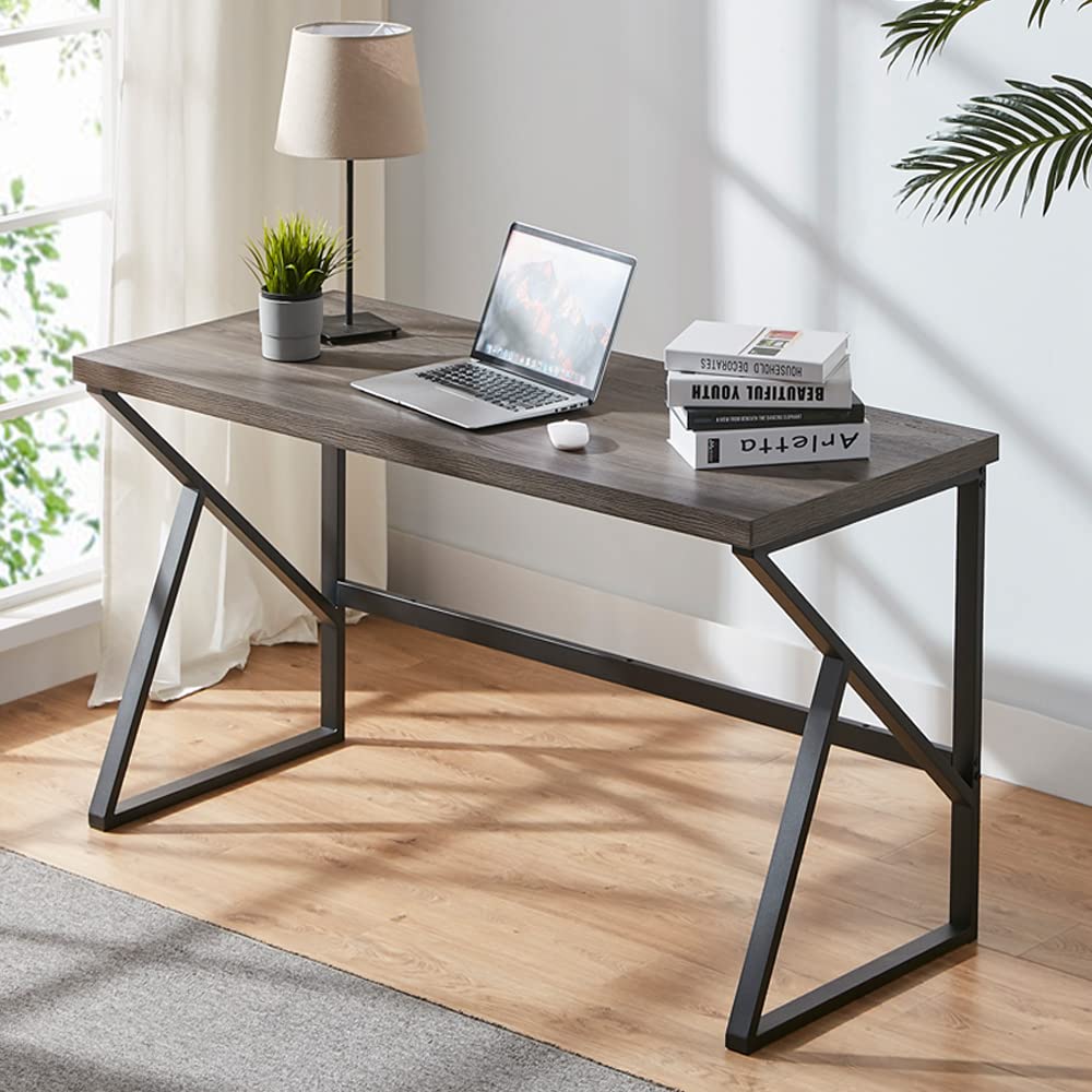 HSH Rustic Grey Computer Desk 47 Inch - Metal and Wood Home Office Desk with Vintage Industrial Design, Farmhouse Oak PC Table for Study, Writing, Work - Perfect for Living Room, Bedroom, or Home Office Workspace