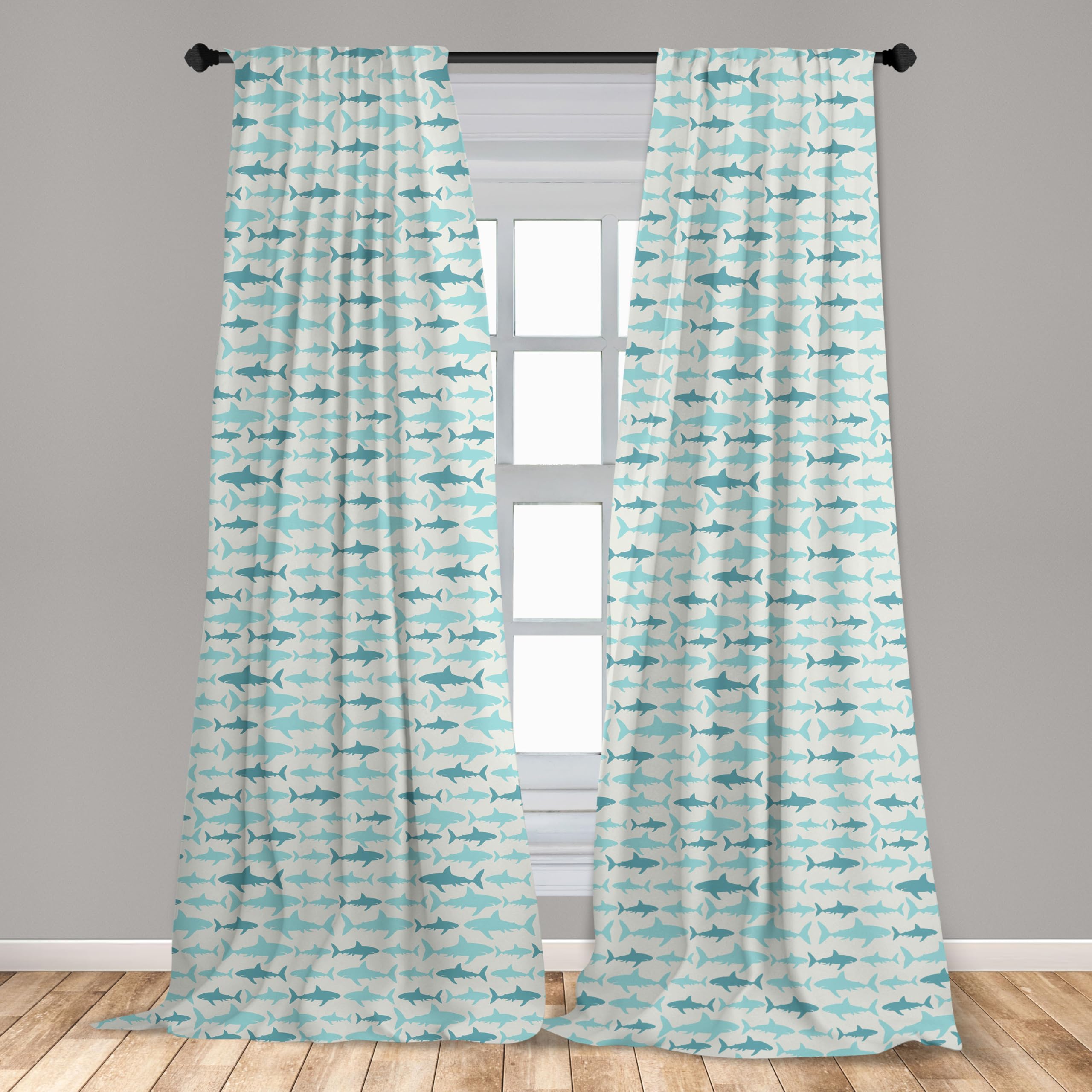 Ambesonne Blue and White Shark Window Curtains - Monochrome Sea Animals Design, Lightweight 2-Panel Set with Rod Pocket (28