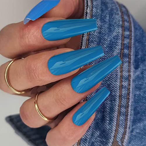 Uranian Coffin Long Press-On Nails - 24pcs Glossy Ballerina Fake Nails with Solid Design, Full Cover False Nails for Women & Girls (F-Blue) | Perfect for Parties, Weddings & Special Occasions