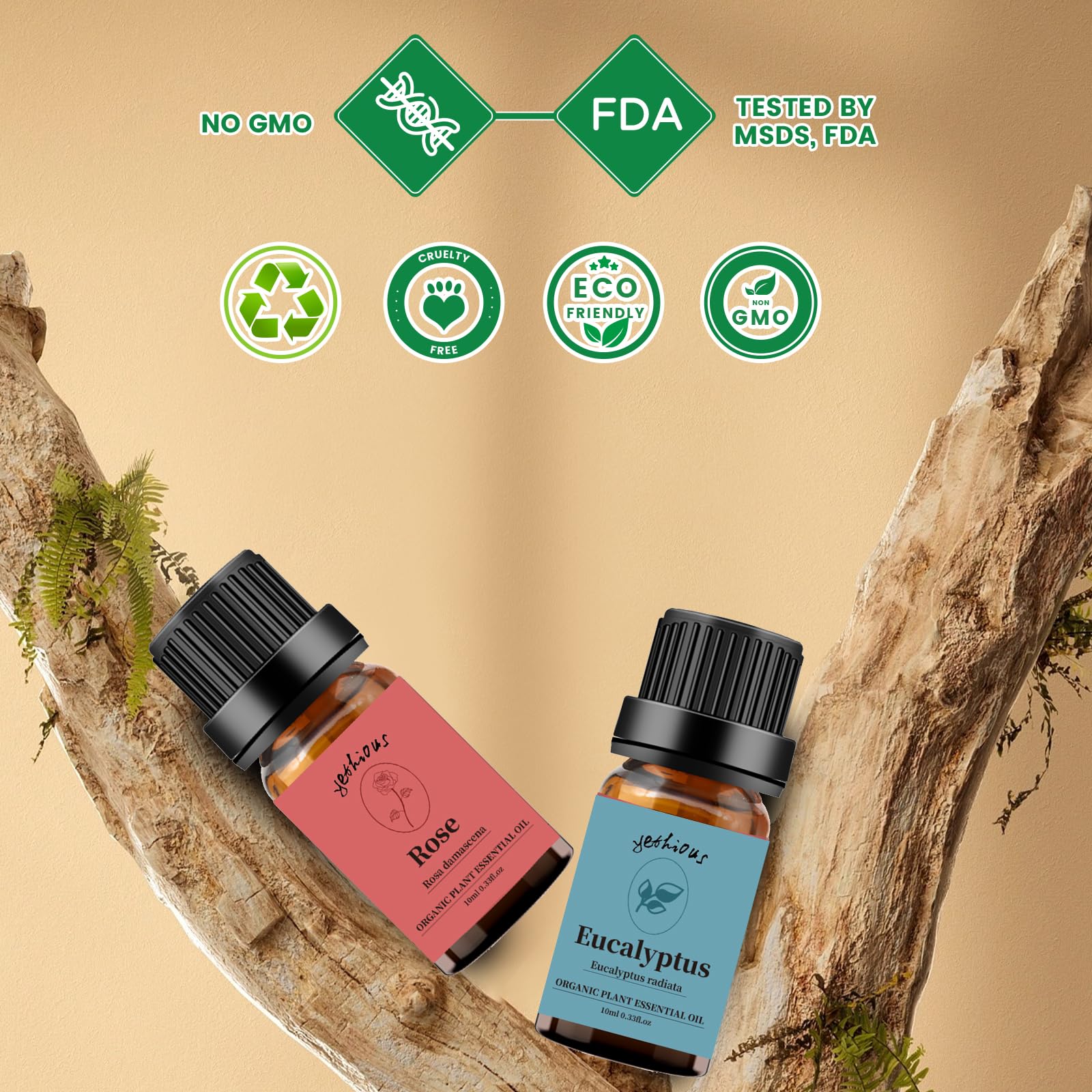 Yethious 100% Pure Organic Rose & Eucalyptus Essential Oils Set - 2 Pack 10ML Aromatherapy Oils for Diffusers, Massage, Skin Care & Relaxation