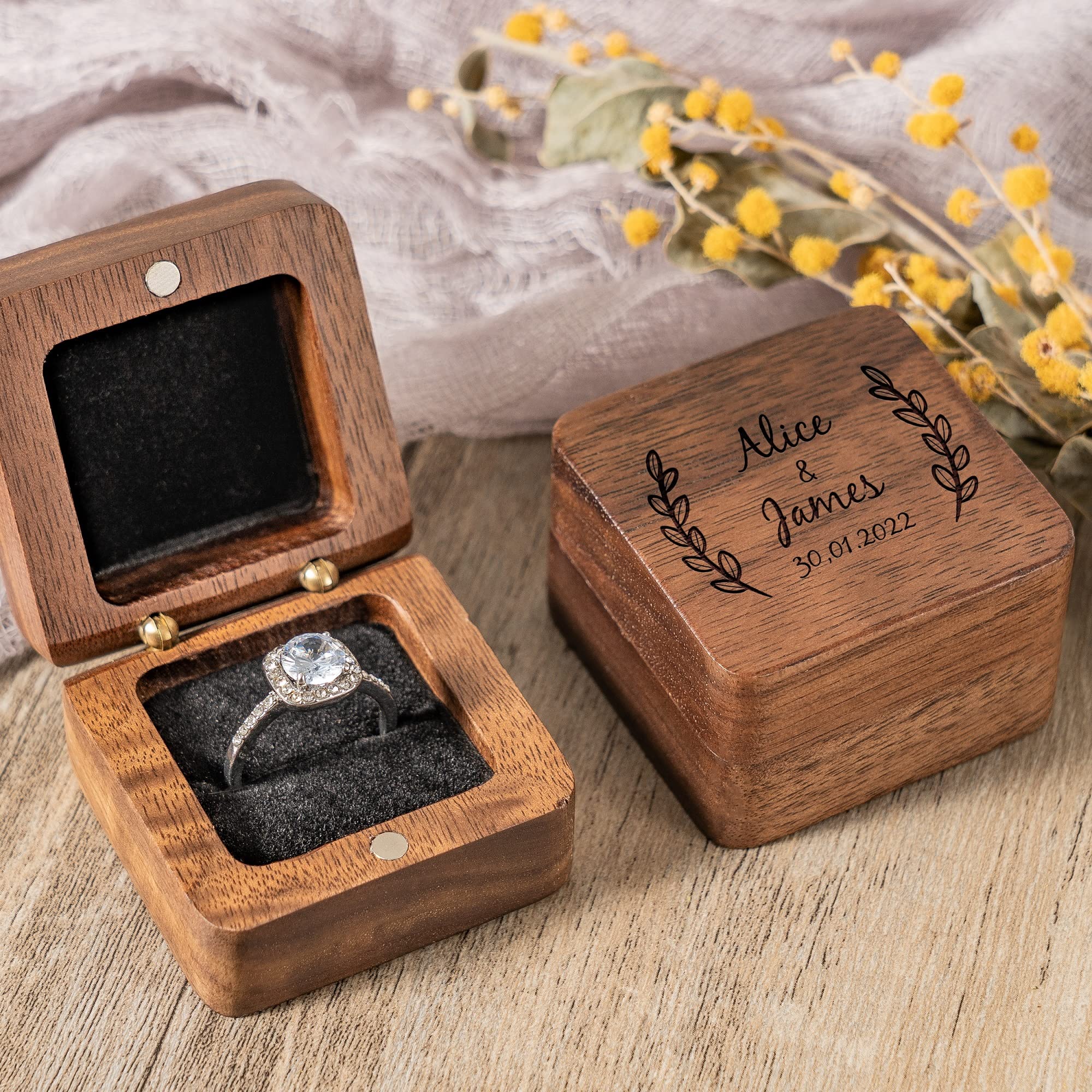 Custom Engraved Wooden Wedding Ring Box - Personalized Handmade Square Jewelry Box for Engagement Proposal, Antique Ring Storage Case - Perfect Wedding Gift & Keepsake for Couples (Ideal for Proposals, Anniversaries & Romantic Occasions)