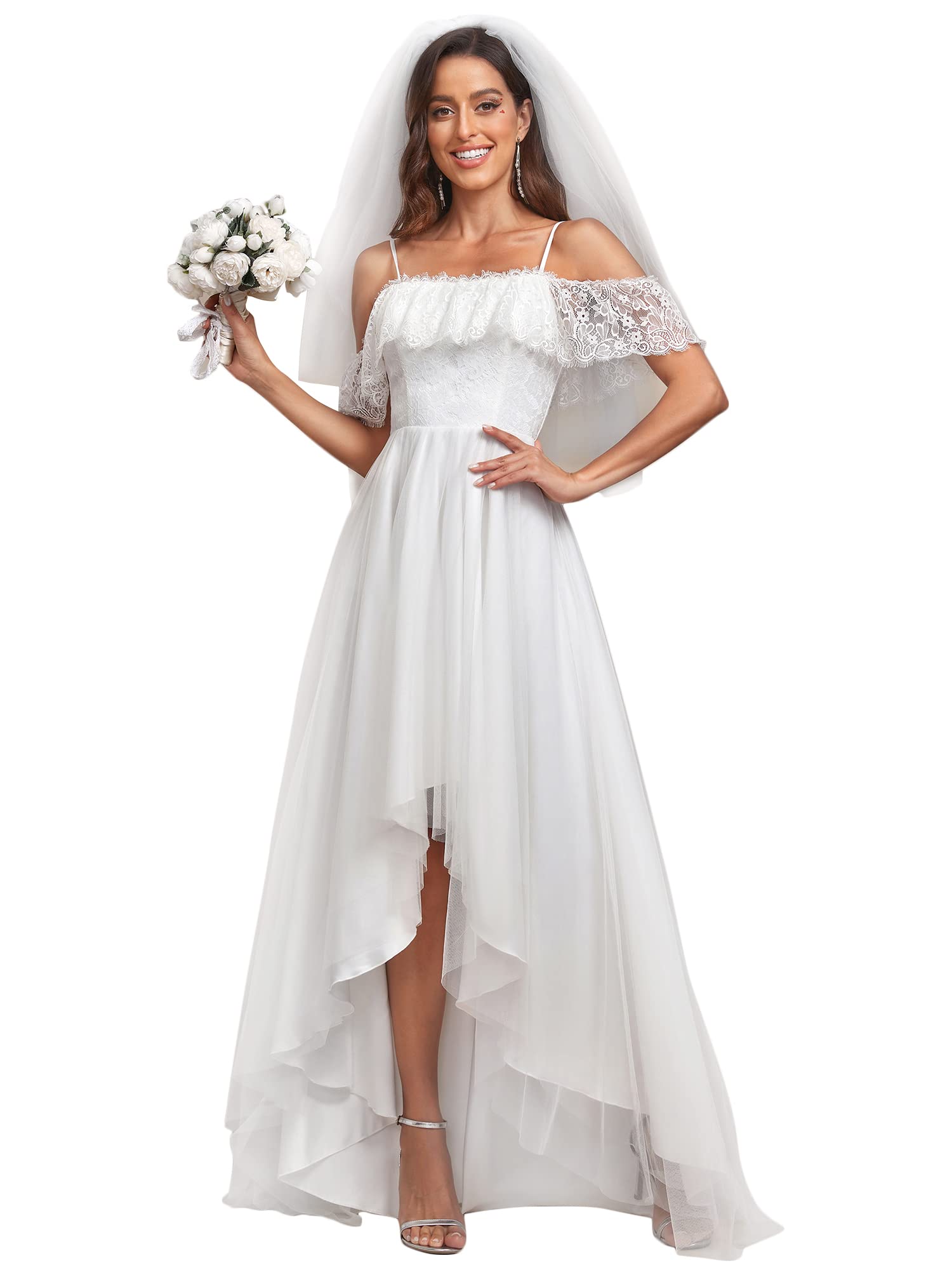 Ever-Pretty Women's A-Line Off Shoulder Wedding Dress with High-Low Hem & Spaghetti Straps - Elegant Lace Bridal Gown 90340 for Beach Weddings, Garden Ceremonies & Vow Renewals