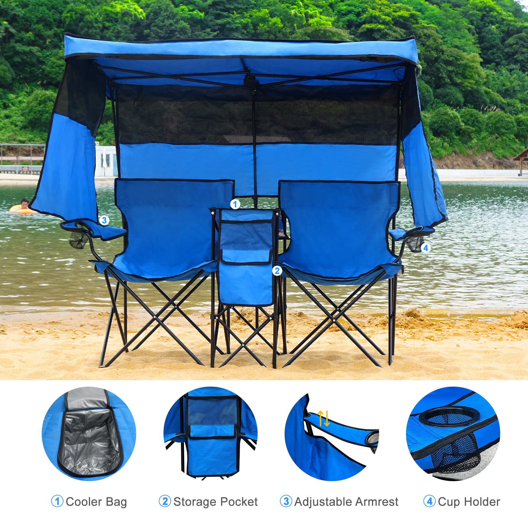 Double Camping Chair with Canopy Shade & Cup Holder - Portable Folding Loveseat with Cooler Bag for Beach, Sports, Lawn, Patio & Outdoor Activities - Perfect for Picnics, Camping Trips & Backyard Relaxation