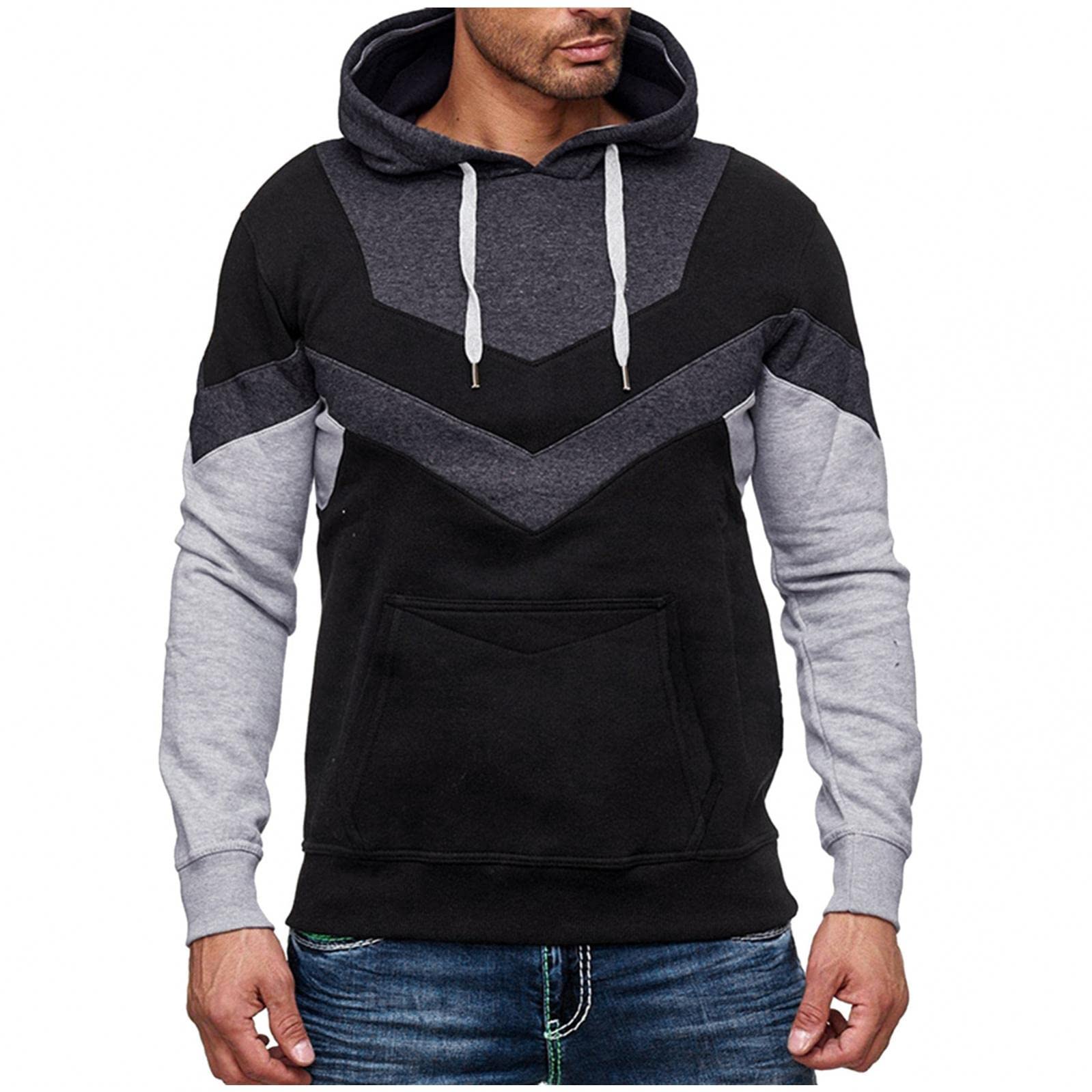 Men's Color Block Hooded Sweatshirt - Long Sleeve Pullover Hoodie with Drawstring for Athletic Wear & Casual Style | Perfect Gift for Men