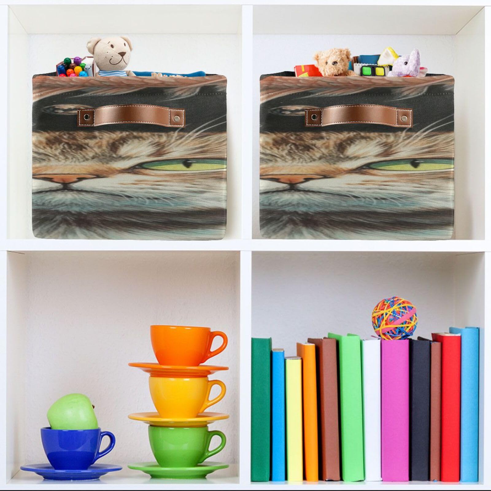 Large Foldable Storage Baskets with Handles - 2 Pack Closet Organizers & Home Storage Bins for Shelves | Perfect for Bedroom, Bathroom & Kids Room Organization | Cat-Themed Design