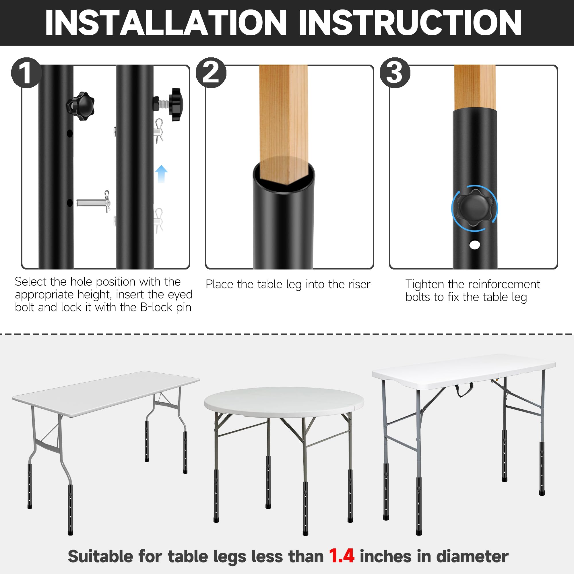 Heavy Duty Adjustable Steel Table Leg Extenders for Folding Tables - Compatible with Straight & Bent Legs - Raise Table Height Perfect for Dining, Workstations & Crafting Tables
