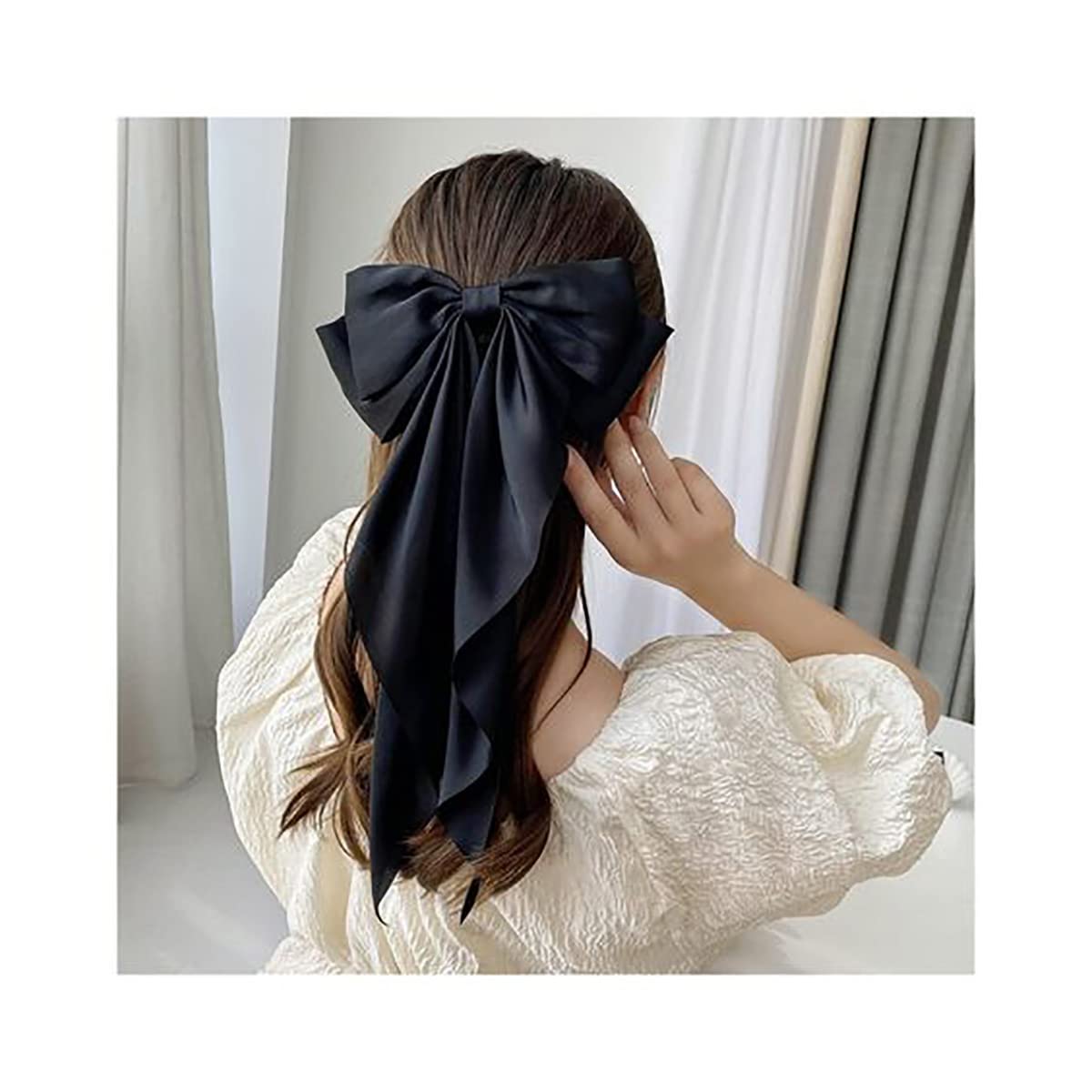 1PC Large Satin Hair Bows for Women & Girls - Black Silk Ribbon Hair Barrettes, Giant Long Bow Hair Clips, Ponytail Holder Accessories - Perfect for Weddings, Parties, and Everyday Elegant Styling