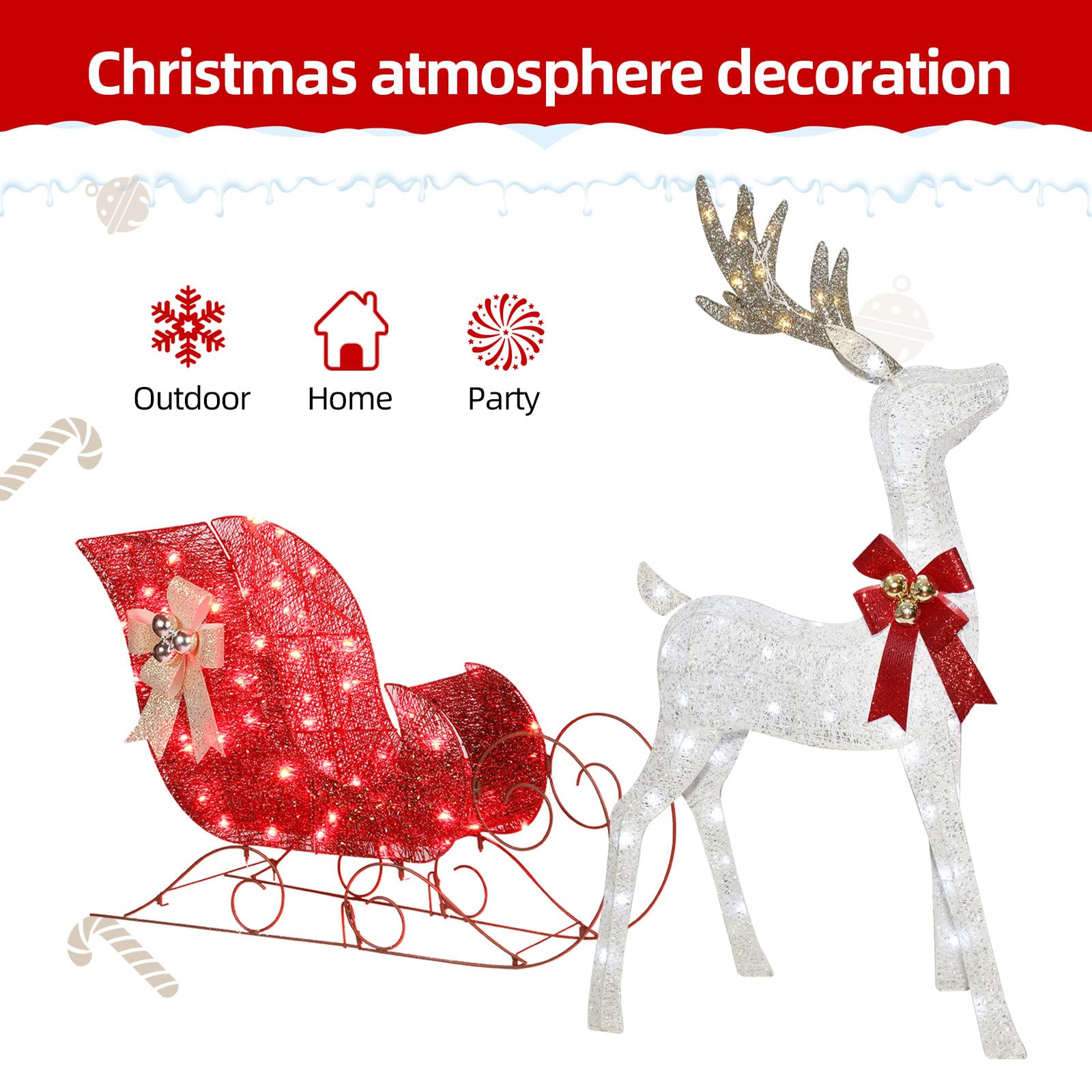 HOYECHI 2-Piece LED Lighted Christmas Reindeer & Sleigh Decor Set - Indoor/Outdoor Holiday Decorations with Plug & Ground Stakes (White) - Perfect for Front Yard, Porch, and Home Holiday Display