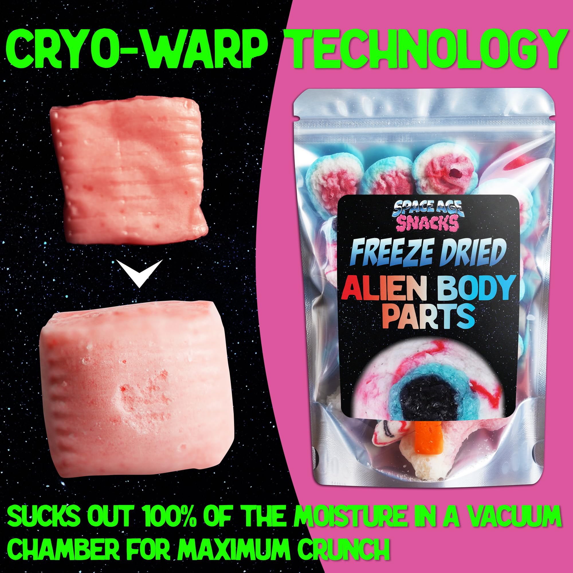 Premium Freeze Dried Alien-Themed Candy - Brains, Eyeballs, Fingers & Bones (4oz) | Space Ship Packaging with Protective Box & Fun Stickers | Perfect for Halloween, Cosplay, Sci-Fi Parties & Unique Gifts