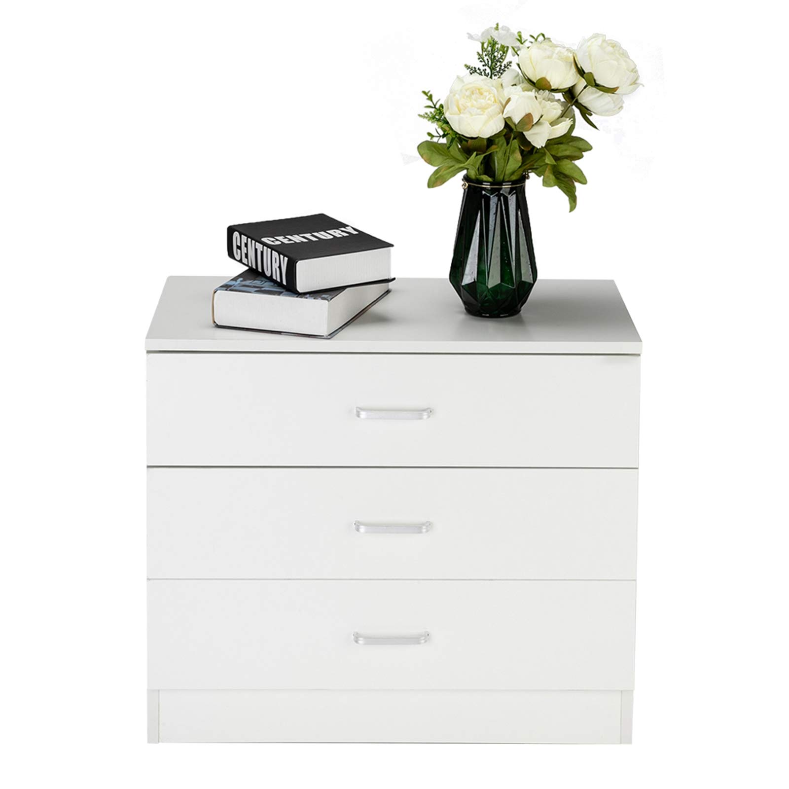 Modern 3-Drawer Wooden Dresser - Solid Wood Frame Chest Cabinet with Large Storage Space & Premium Metal Handles - Bedroom, Living Room, Closet Organizer - Perfect for Home, Office, Dorm Room (White)